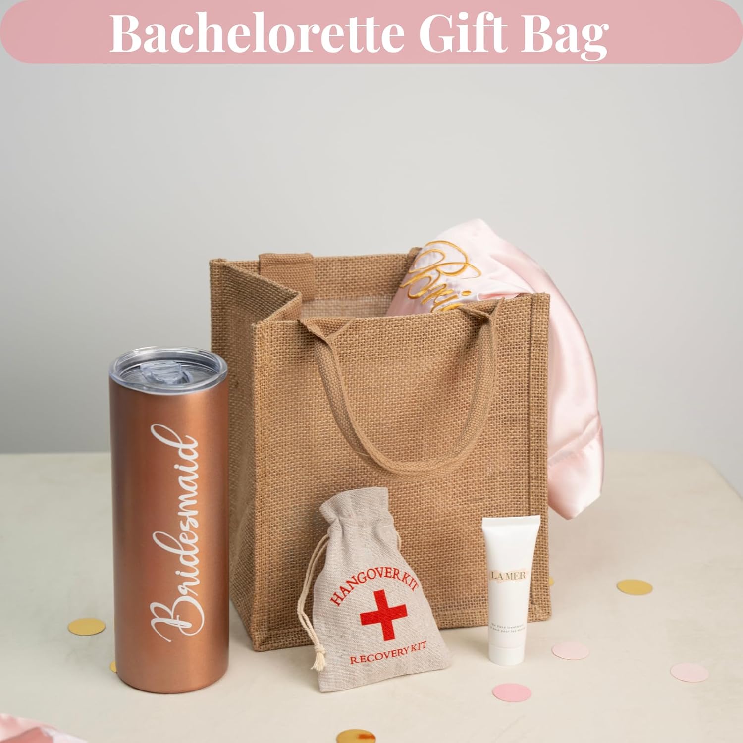 10 Pack Bridesmaid Bachelorette Gift Bags，Bulk Small Burlap Jute Tote for Wedding Welcome Bridal Shower with Pink Ribbon