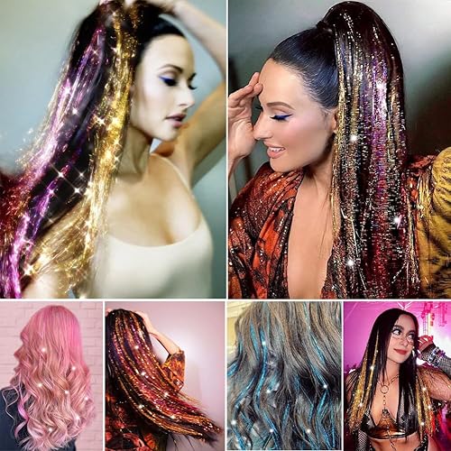 Miniatura 6 de Kit de oropel para el cabello con herramientas de 48 pulgadas, 1200 hebras de extensiones de cabello de oropel colorido, kit de oropel de hada,