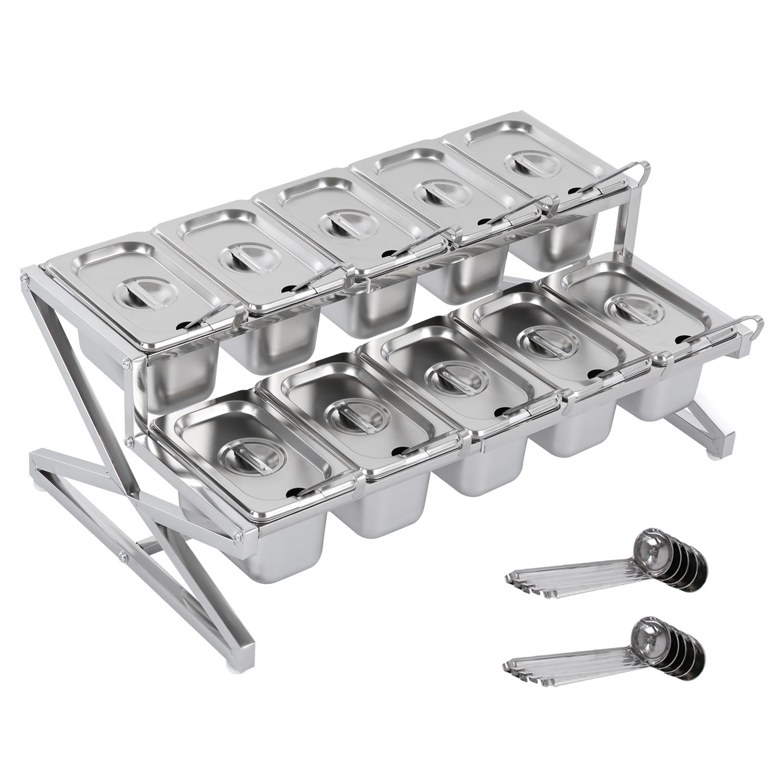 AGULIUM 2-Tier Expandable Spice Rack, Stainless Steel Seasoning Organizer Shelf with 10 Pans and 10 Lids, Countertop Spice Organizer for Toppings Seasonings Spices Jams for Kitchen Restaurant