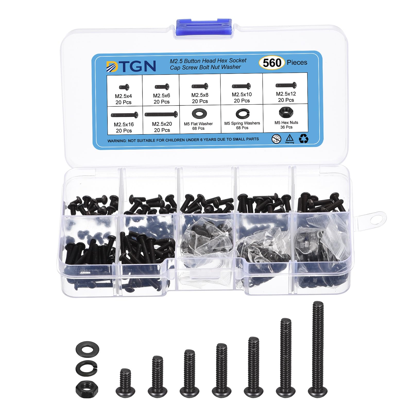 DTGN 560Pcs M2.5 Button Head Hex Socket Cap Screw, 4-20mm Bolt Nut Washer Assortment Kit Carbon Steel Black