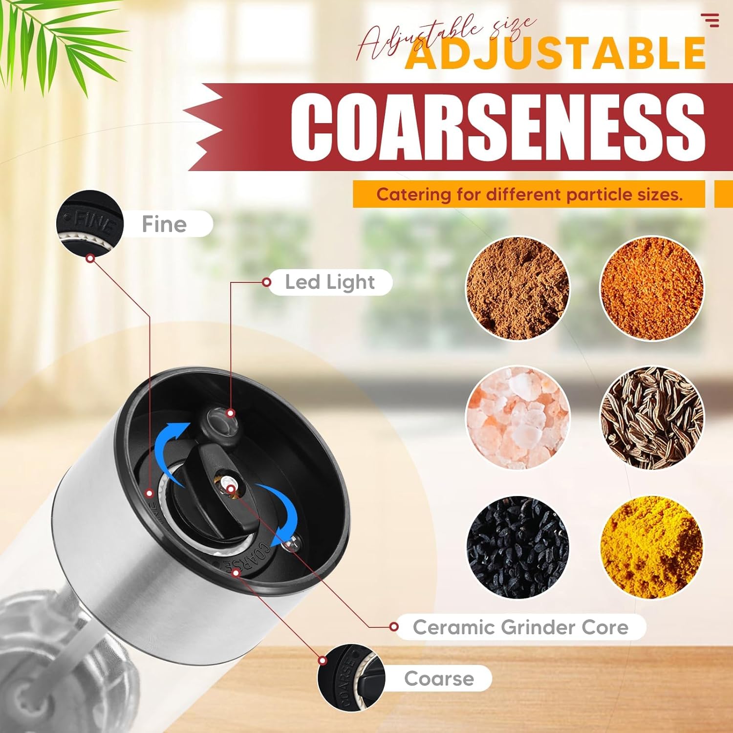 Rechargeable Electric Salt and Pepper Grinder Set with Charging Base, One Handed Automatic Pepper Mill, Adjustable Coarseness, LED Light, Stainless Steel