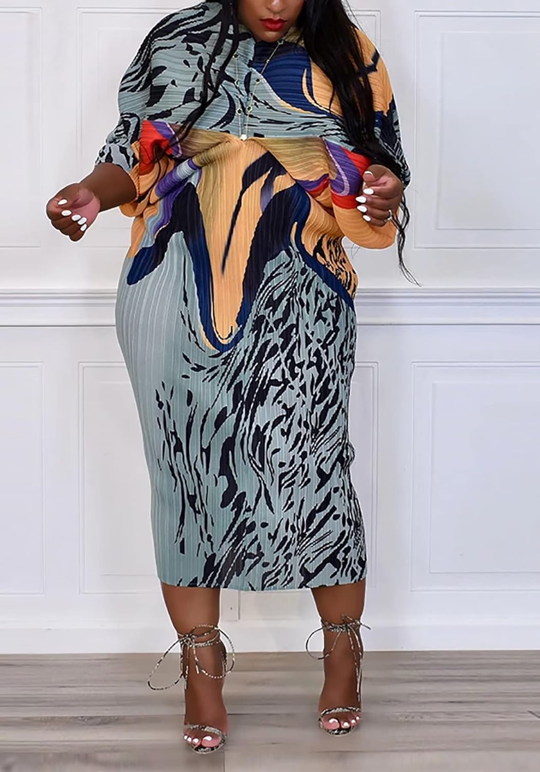 Ptorlio Sexy African Dresses Attire for Women V Neck Floral Pleated Midi Dress Plus Size