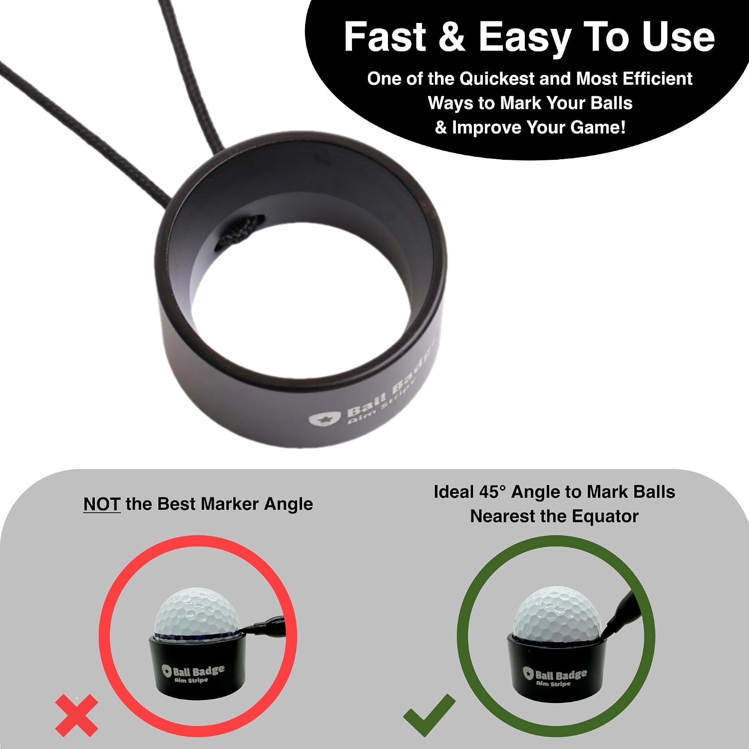 Aim Stripe, Golf Ball Alignment Tool, Full Metal, Training Aid | 360-Degree Line Marker, Golf Bag Attachment Cord, Putting Alignment Aid, Aluminum Construction, Works on Tee & Green