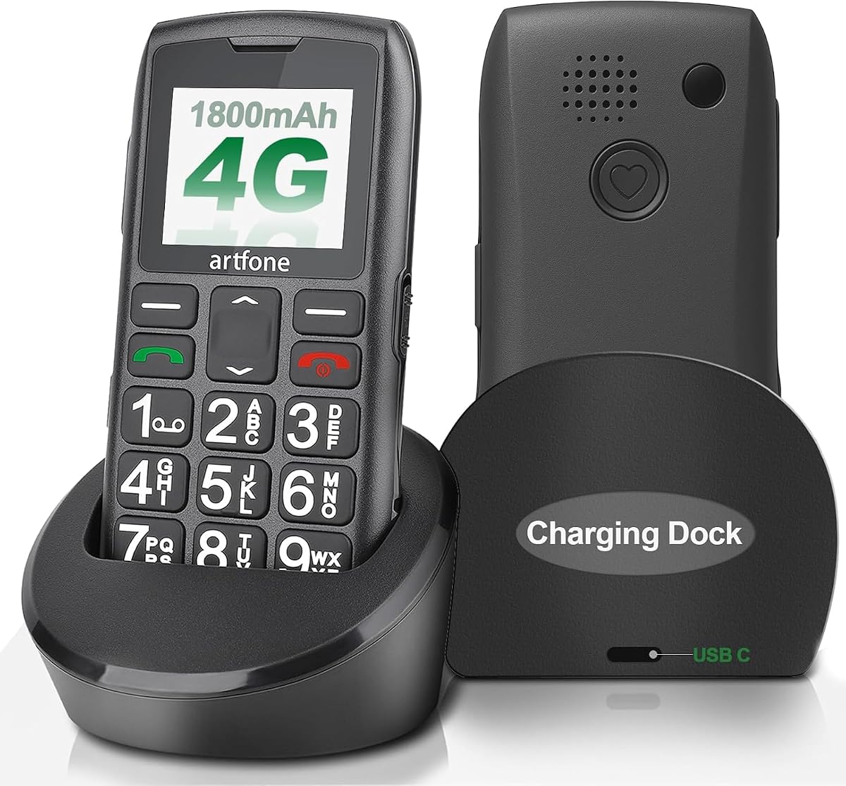 C1+4G Cell Phone for Seniors, Large Buttons Basic Phone, SOS Button, Charging Dock, Voice Time, Speed Dial, Hands-Free, Large Font, Loud Speaker, FM Radio, Simple Mobile Phone, 1800mAh, Black