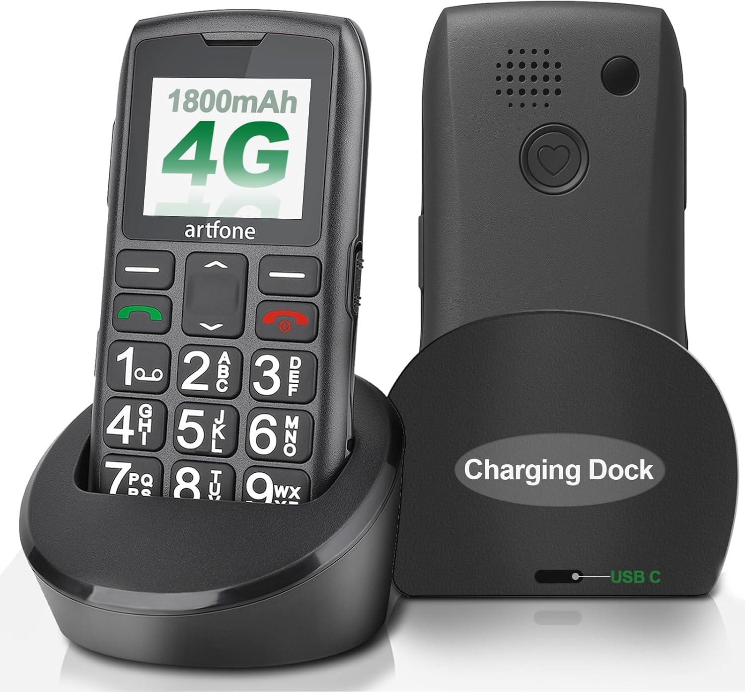 C1+4G Big Button Mobile Phone for Elderly丨USB-C, Charging Dock丨1800mAh Battery丨Easy to Use Basic Elderly Phone丨SIM Free Unlocked Senior Mobile Phone丨SOS Button丨FM Radio丨Time Reporting - Black