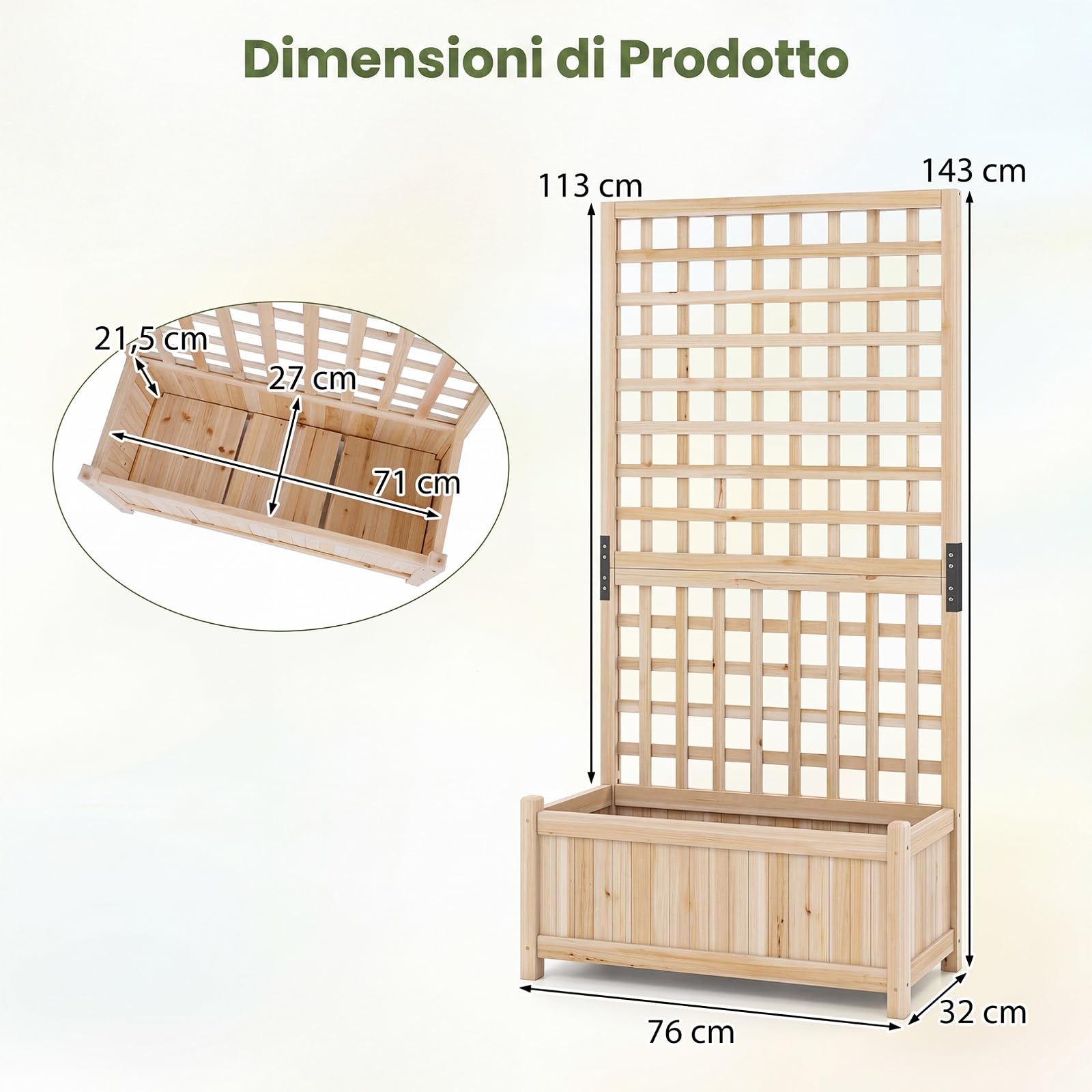 COSTWAY 2 in 1 Fioriera con Traliccio, Letto Orto Rialzato in Legno con Grigliato per Piante Rampicanti, Pannello Rimovibile e Fori di Drenaggio, per Fiori e Verdure, 76 x 32 x 143 cm (Naturale)