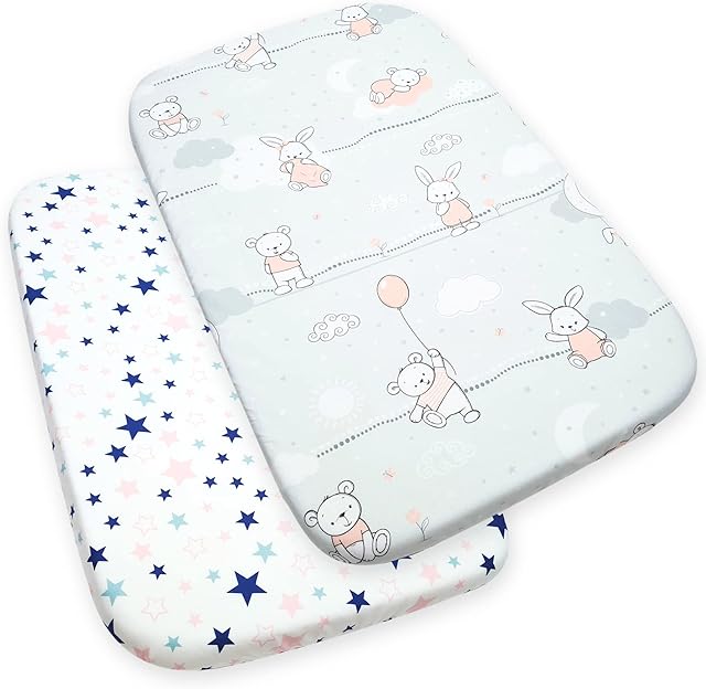 Selemavi Next to Me Crib Sheets  2pcs Crib Baby Sheet Set 100% Organic Cotton Fitted Crib Sheets for Bedside Cribs  Made in Europe (83x50cm, Cute Animals&Stars Pink)