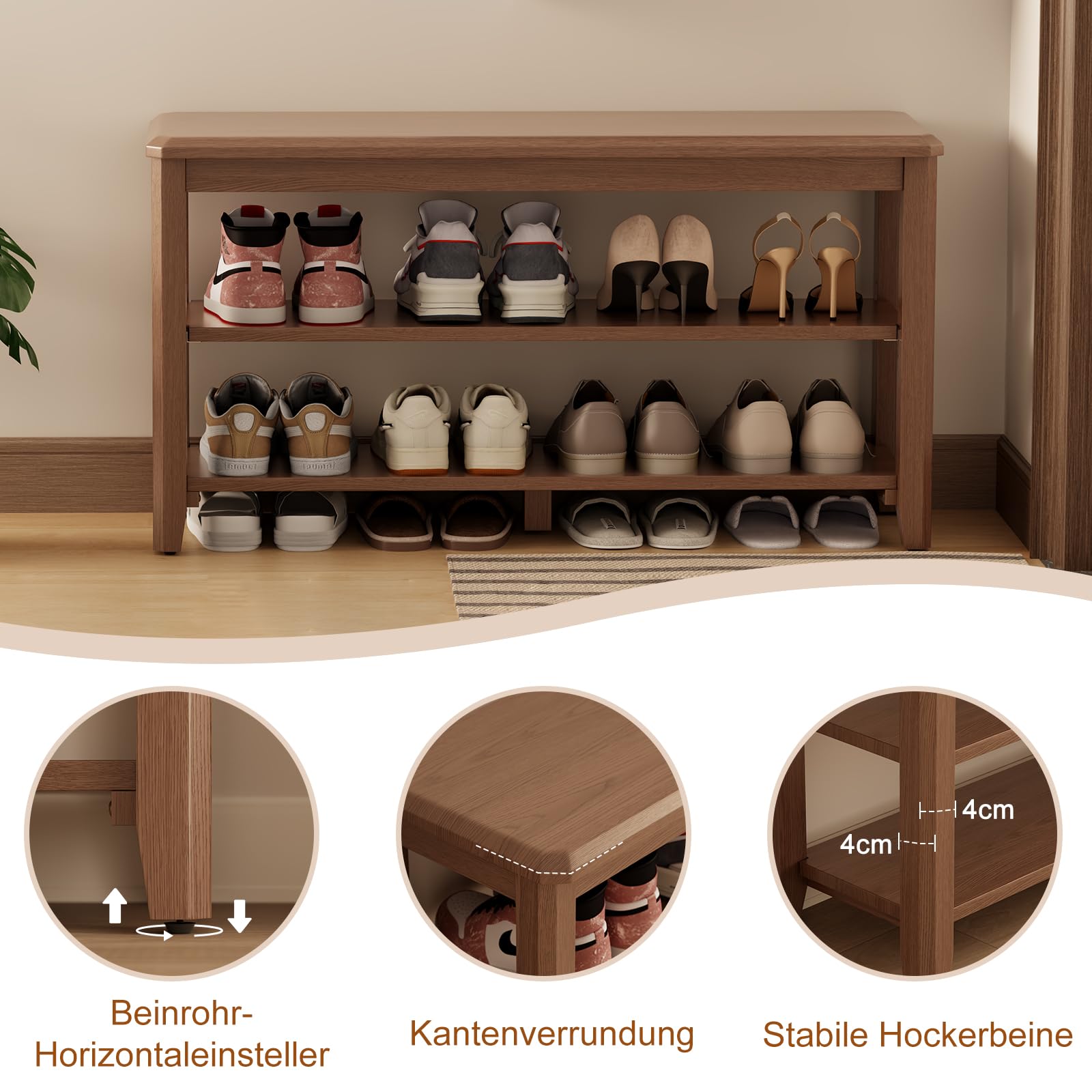 KASLANDI Schuhbank Holz, Schuhregal mit 2 Ebenen, Verstellbare Ablage, Schma und Platzsparend für Flur, Eingangsbereich, Wohnzimmer, Schlafzimmer,100 x 30 x 52 cm (Walnuss)