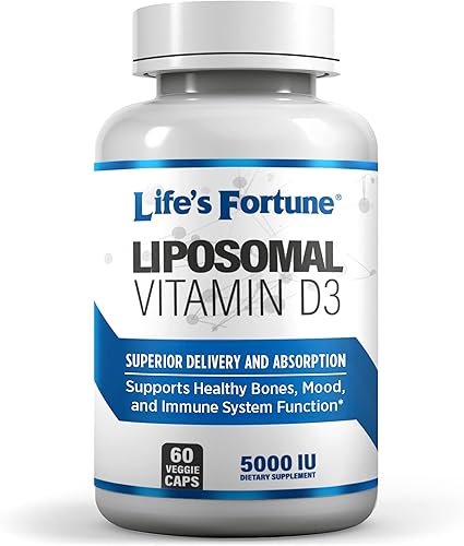 Life's Fortune Suplemento liposomal de vitamina D3 de 5000 UI sin OMG, alta absorción, apoya el estado de ánimo saludable y la función del sistema
