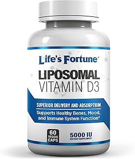 Life's Fortune Liposomal Vitamin D3 5000 IU Supplement Non-GMO, High Absorption, Supports Healthy Bones Mood and Immune System Function, 60 Veggie Caps