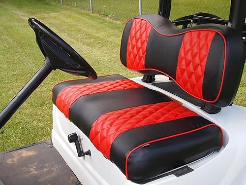 Vista 31 de Huskey - 2 fundas de asiento delantero para carrito de golf EZGO Medalist/TXT 94-13, costuras de diamante negro y azul de dos tonos con ribete azul