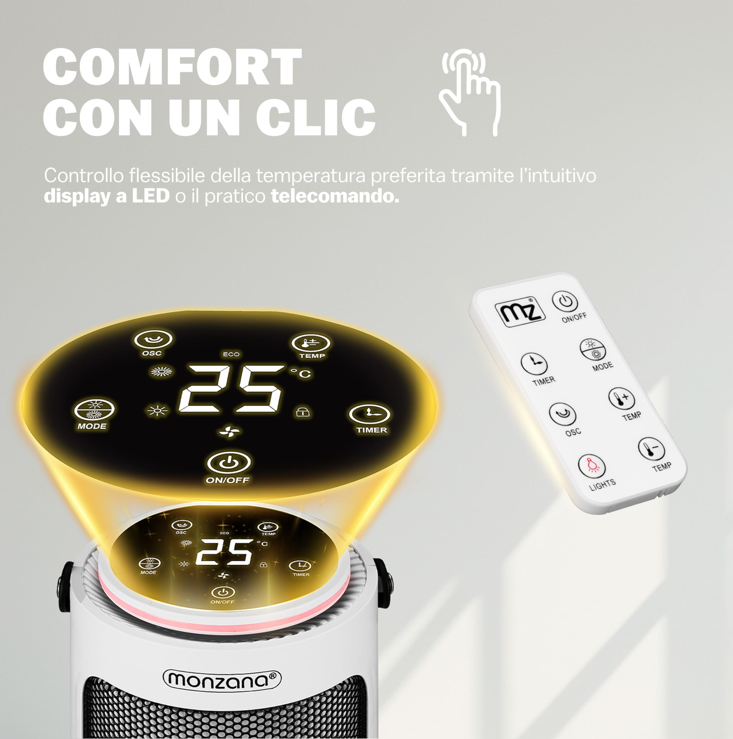 Monzana Termoventilatore da 2000W 15-35°C Modalità ECO Teleocmando Display Touch LED Luminosi