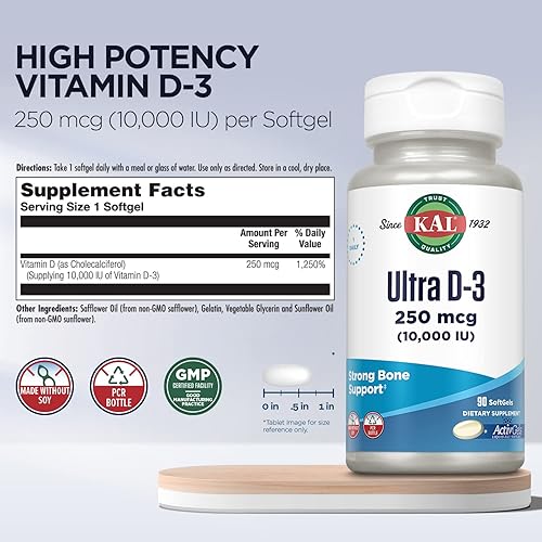 Miniatura 3 de KAL Ultra Vitamina D3 10000 UI cápsulas blandas (250 mcg), vitamina D de alta potencia, absorción de calcio, suplemento de apoyo para la salud ósea