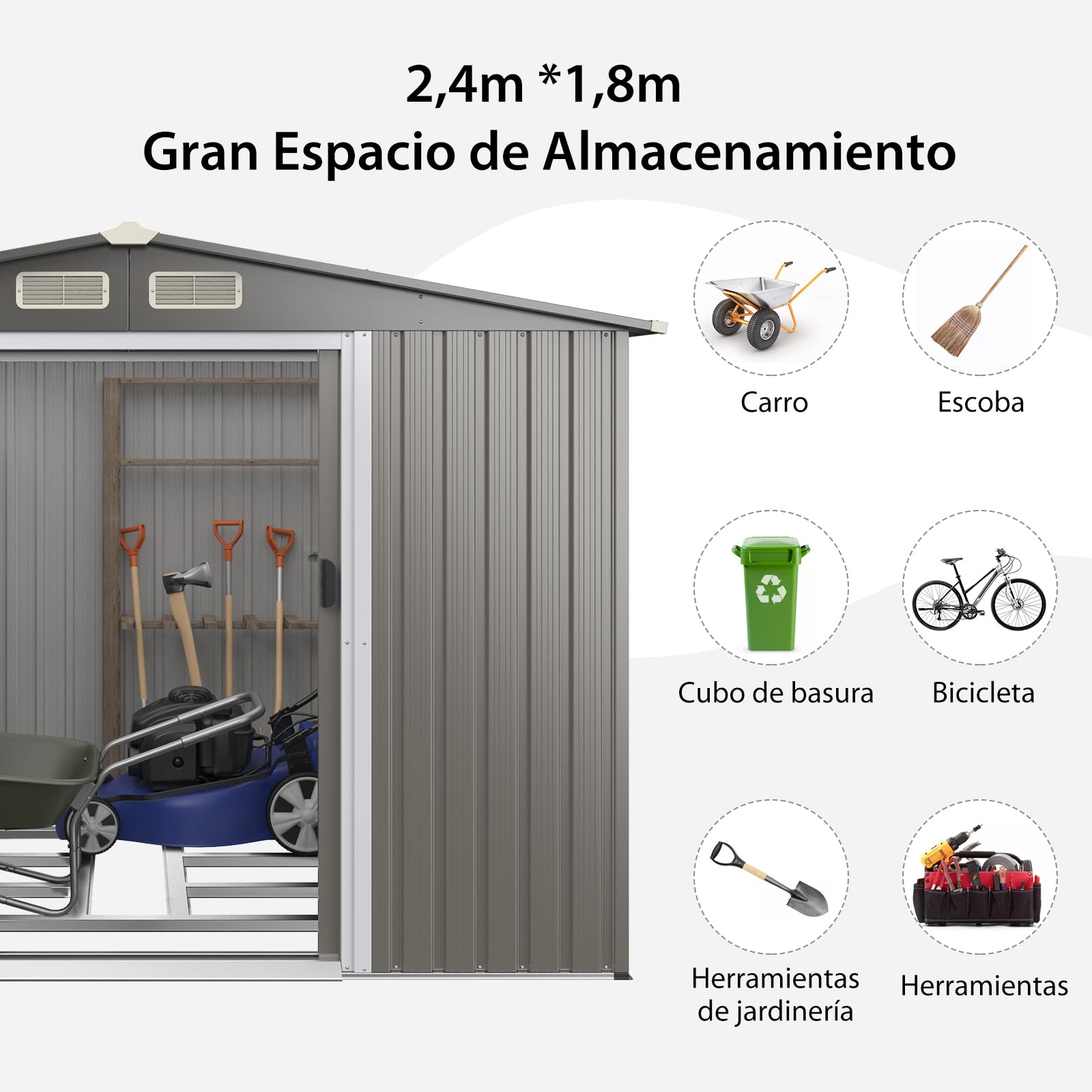 COSTWAY Cobertizo de Jardín de Almacenamiento Exterior Resistente 260x207x180 cm, Organizador de Herramientas con Cimientos, Cobertizo de Acero Galvanizado para Herramientas de Jardín (Gris Oscuro)