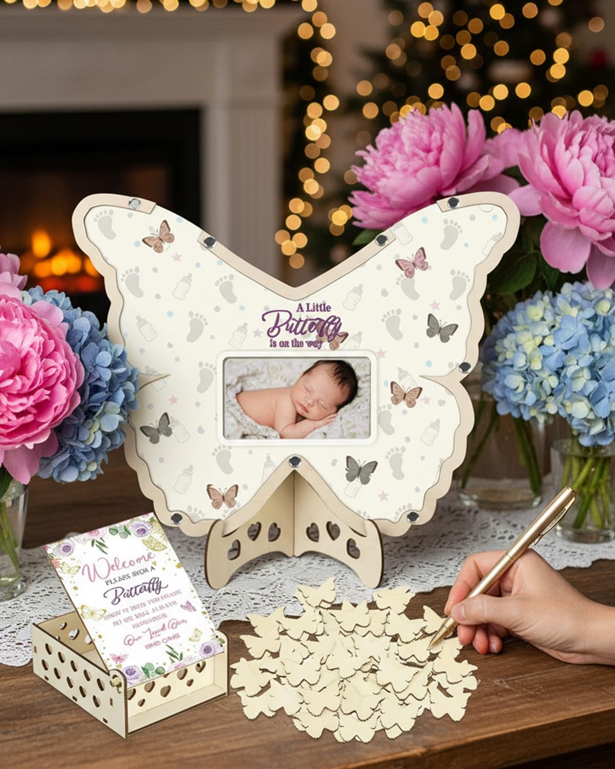 63 pezzi Farfalla Baby Shower Guest Book Alternative Set Decorazioni Baby Shower con Cornice Fotografica Sonogramma Cornice Ricordo 60 Fette di Legno Libro degli ospiti per Compleanno