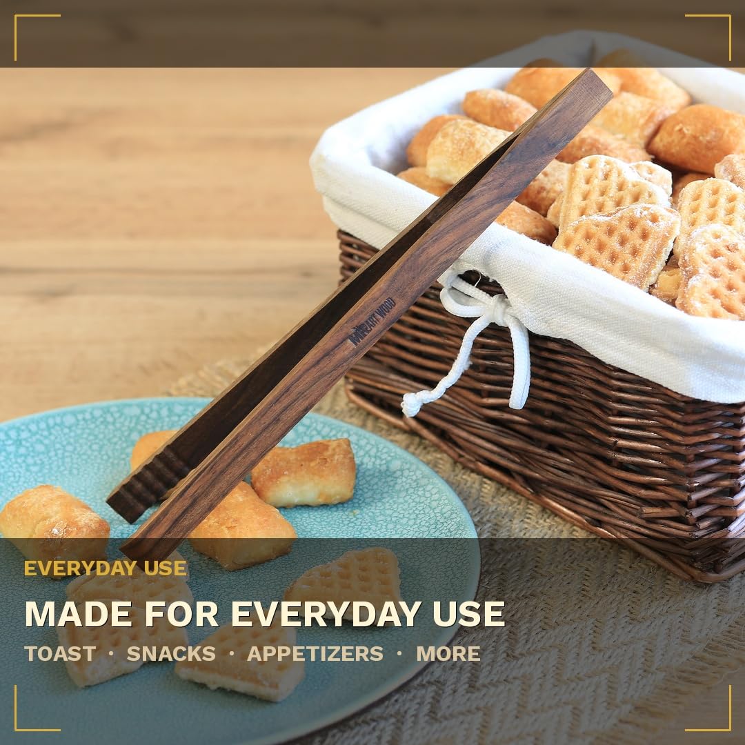 Mr.Art - Pinzas de cocina de madera de fresno (paquete de 4), 10 pulgadas de longitud, ultra agarre, ideal para tostadas, frutas, pan y encurtidos, fabricadas en Europa (nogal)
