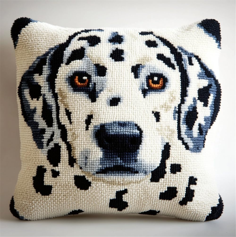 Kitquiver Latch Hook Cushion Kits for Adults - 17X17Inch, Dalmatian Latch Hook Pillow Case Kits Embroidery Kits 43X43Cm, DIY Needlework Pillow Cover Cushion Rug Making Kit, DIY Craft Kits for Women