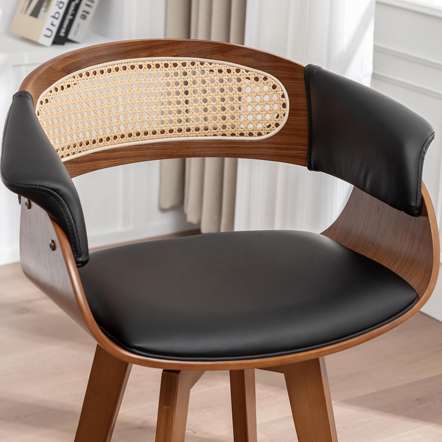 Set of 1 Counter Stools, 26.4 inch Rattan Swivel Bar Stools with Curved Rattan Back, Walnut Craftsmanship, Faux Leather Upholstered Seat (Walnut Black)
