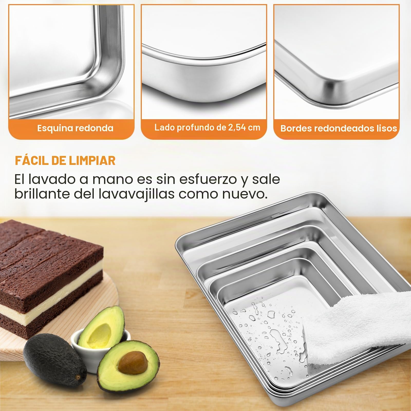Essentials - Juego de 4 bandejas rectangulares de acero inoxidable para horno, fácil limpieza, no tóxicas, sin óxido, aptas para lavavajillas (tamaño grande)