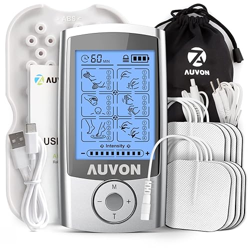 AUVON Rechargeable TENS Machine, 24 Modes 4th Gen TENS Unit Muscle Stimulator with 8pcs 2"x2" Premium Electrode Pads for Pain Relief, Back Pain, Neck Pain, Muscle Pain