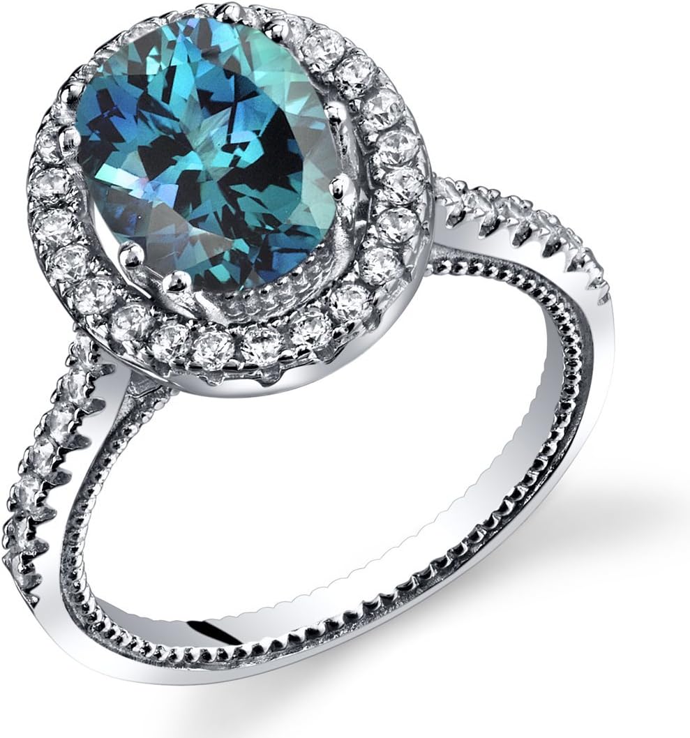 PEORA Simulated Alexandrite Halo Milgrain Solitaire Ring for Women 925 Sterling Silver, Color-Changing 2.50 Carats Oval Shape 9x7mm Sizes 5 to 9