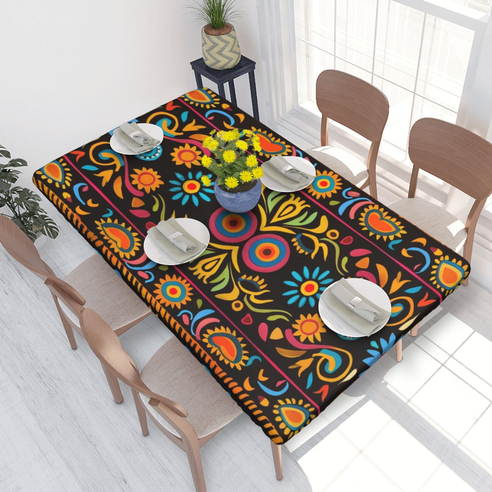 WPKJU Mexican Folk Art Boho Printed Tablecloths 4ft Rectangular Table Covers Washable Polyester Decorative Table Cloth for Dining Table Picnic Wedding