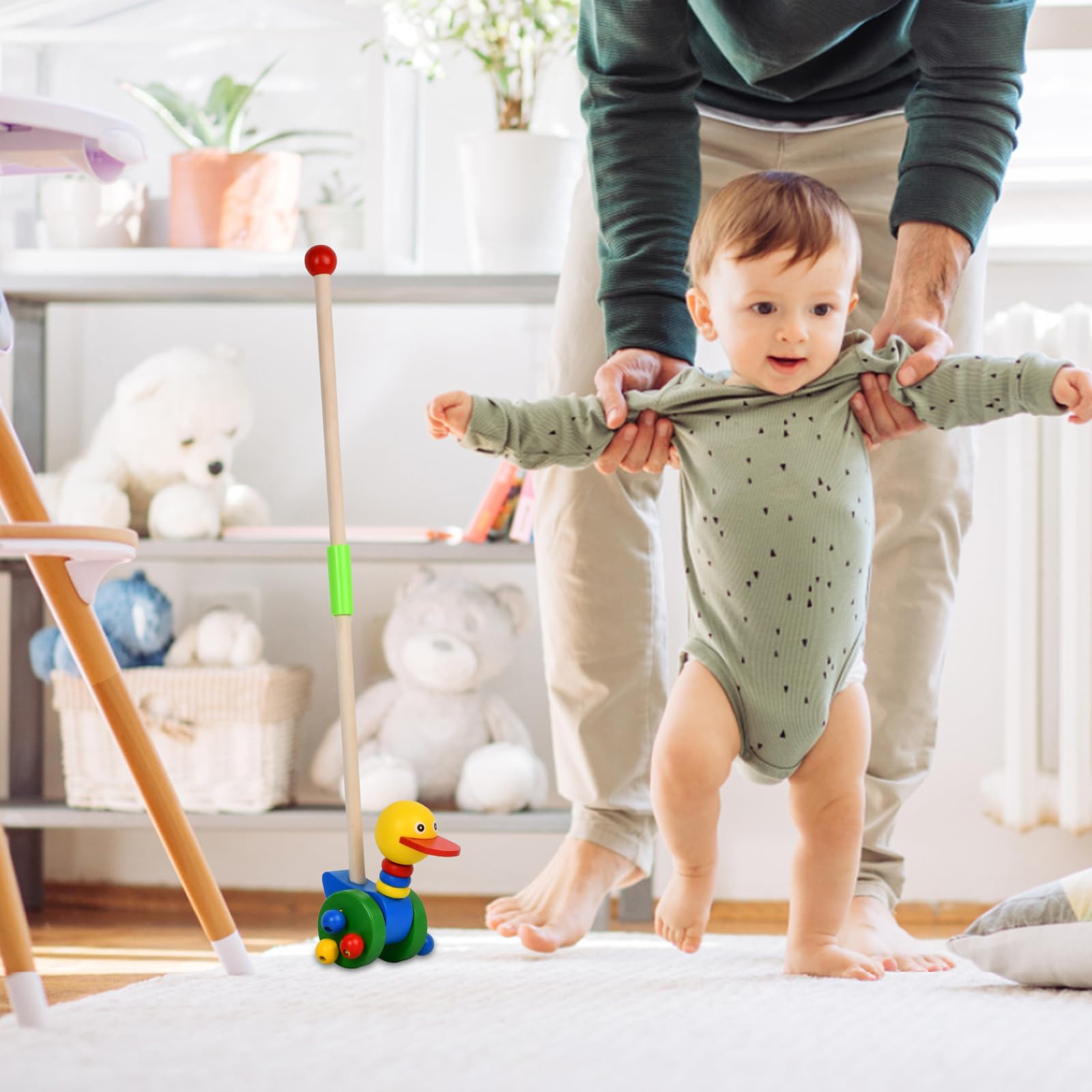A Spingere Stick Anatra, Giochi Trainabili Bambini, Animale da Spingere Anatra con Testa Mobile in Legno, Giocattolo di Legno, PE Bambini dai 18 Mesi