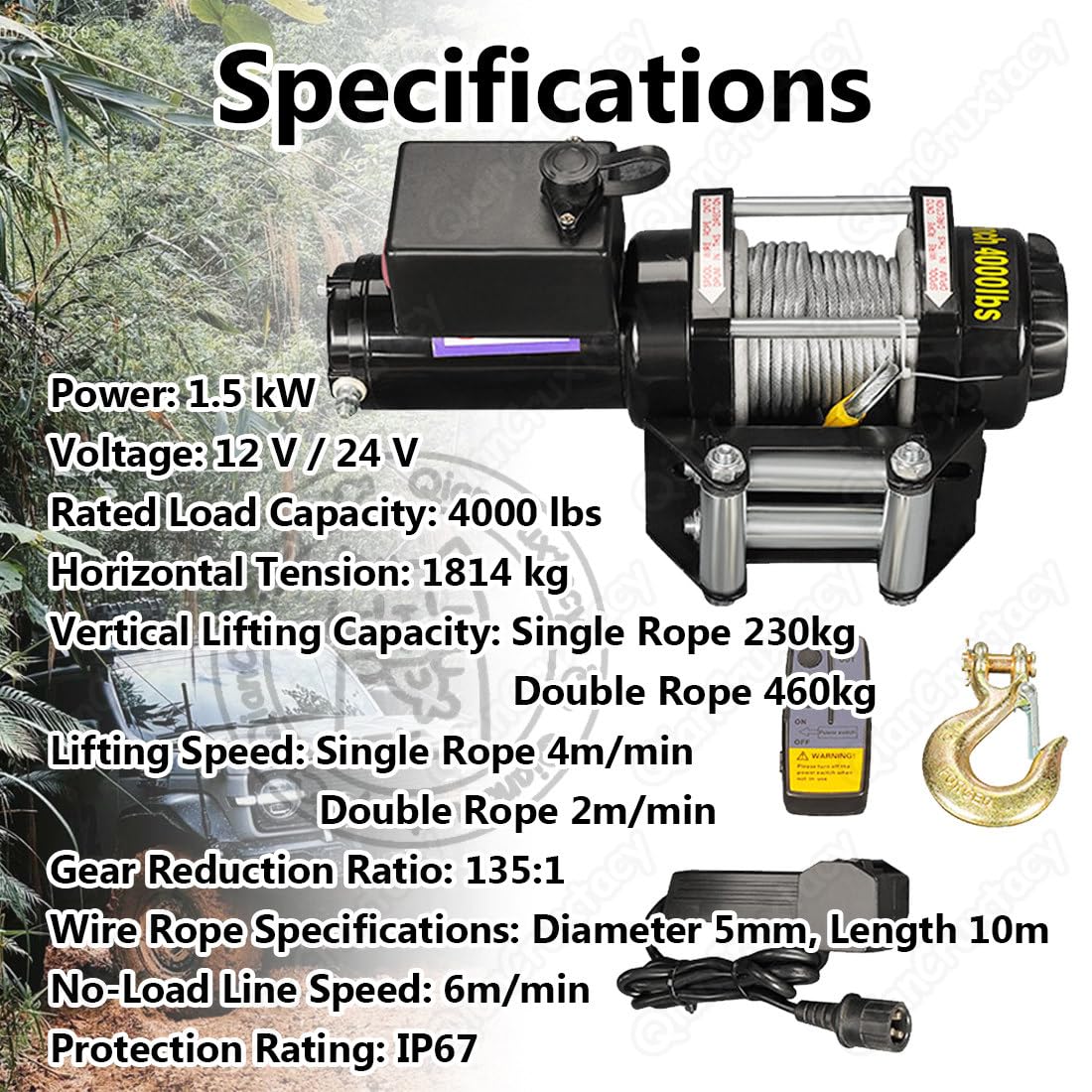 Wciągarka elektryczna z bezprzewodowym pilotem zdalnego sterowania, nośność 1,360-2,041 kg, szybkie zwijanie liny 6 m/min, inteligentna ochrona przed przeciążeniem dla pojazdów terenowych i łodzi