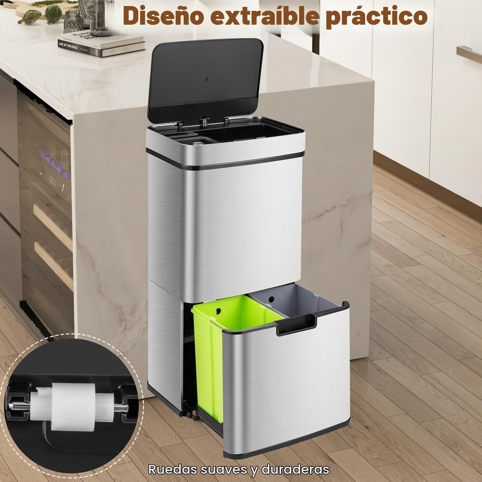 LIFEZEAL 72 L Cubo de Basura Cocina de 4 Compartimentos, Cubo Basura Apertura Automática con Sensor de 2 Niveles, Papelera de cocina de interior, Acero Inoxidable