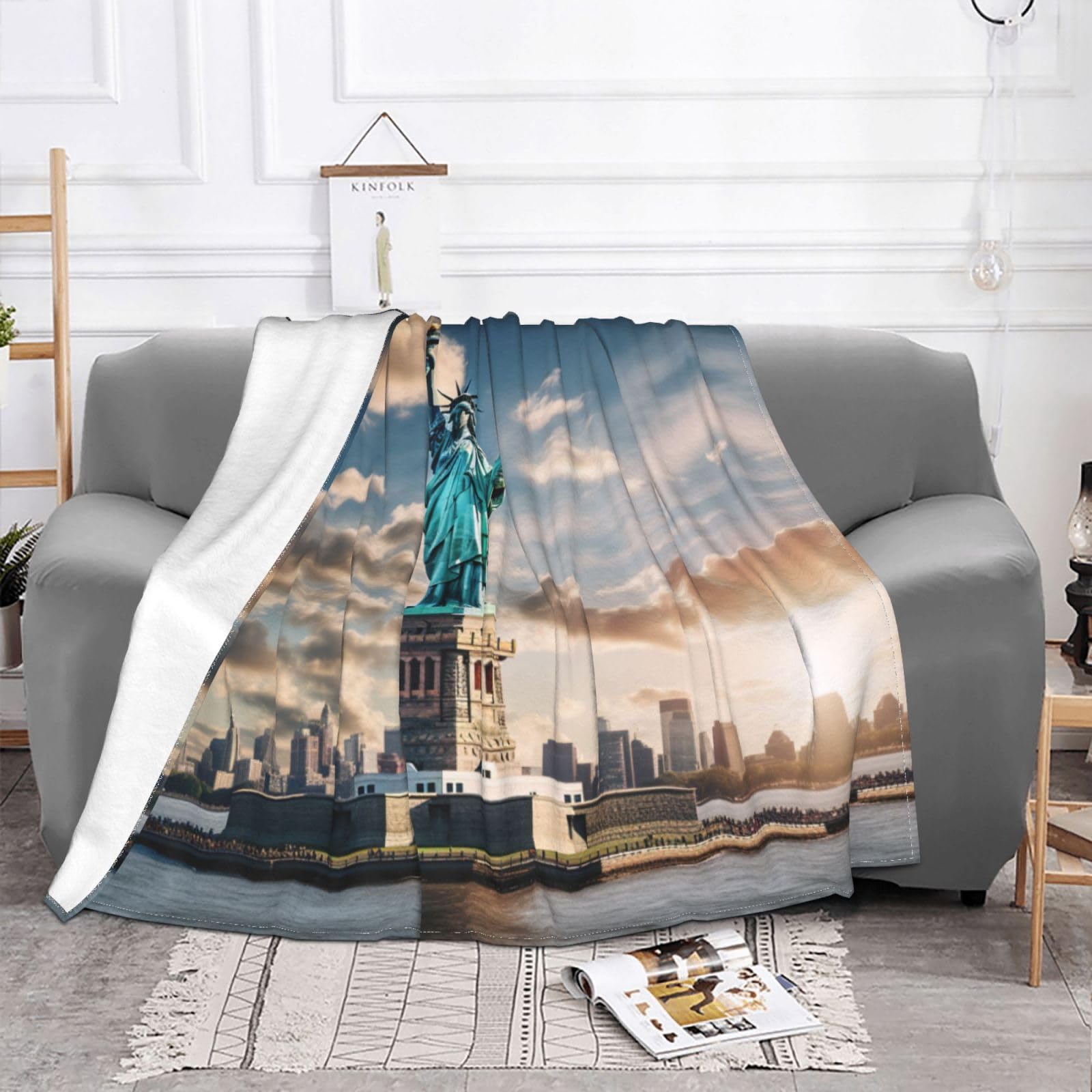 Coperta decorativa morbida e calda in flanella per bambini, cane, gatto, 127 x 152 cm, con stampa della statua della libertà a New York