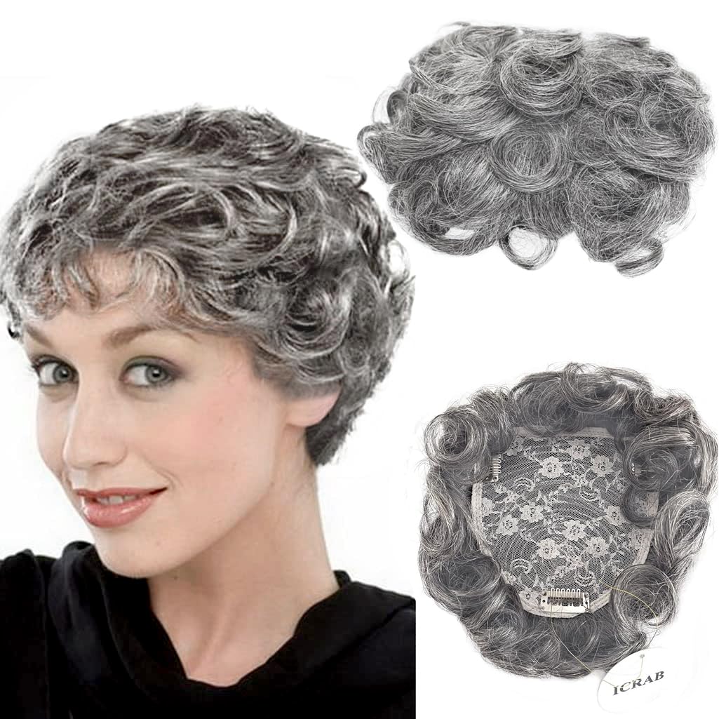 6" Natural Fluffy Human Hair Topper Short Curly Topper Hair Pieces Toupee Clip in Topper Human Hair Wig Grey Wavy Hair Topper Wiglets Hairpieces for Women with Thinning Hair