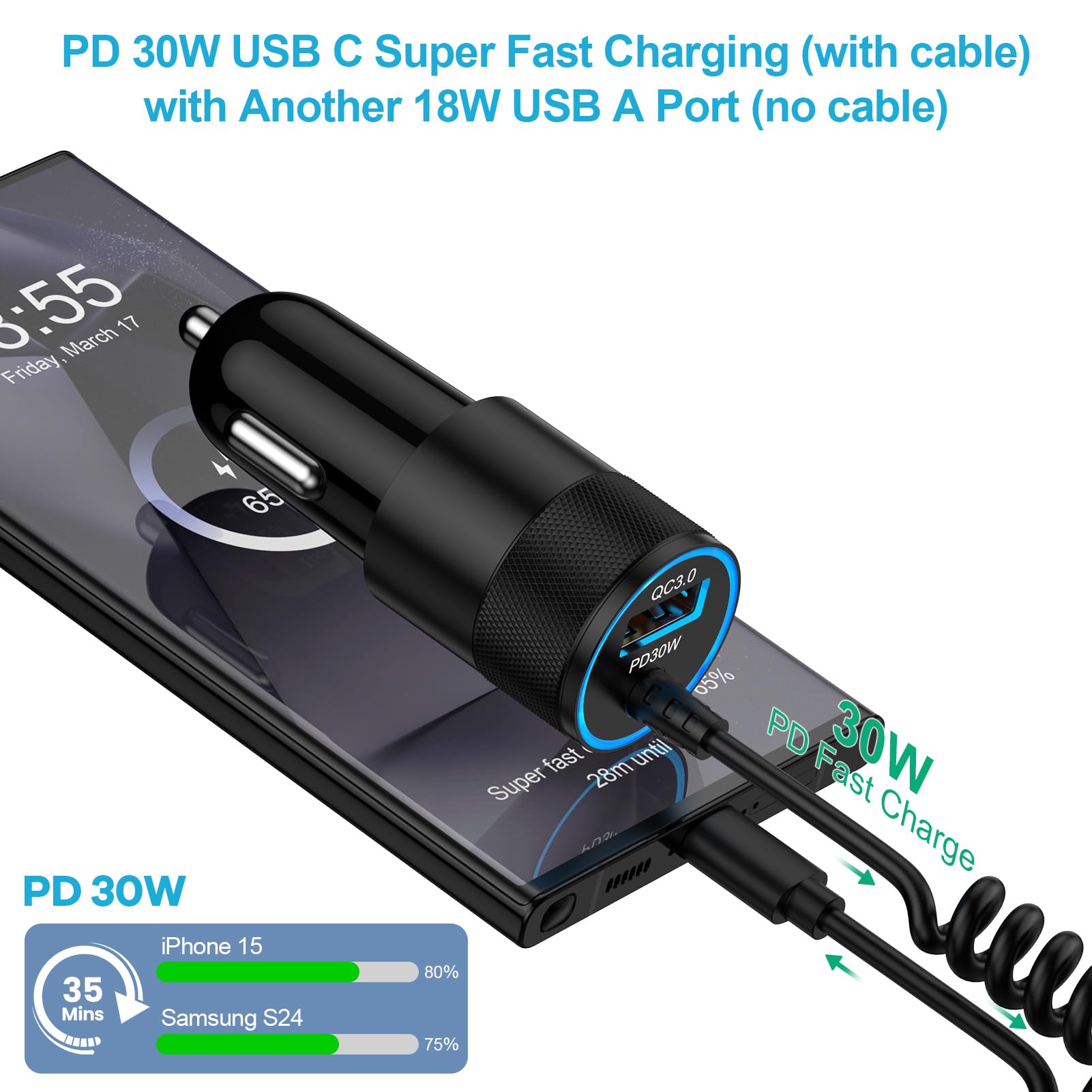 iPhone 16e Fast Car Charger Adapter for iPhone 16e, 16, 16 Pro Max, 16 Pro, 16 Plus, 15 Series, Car Adapter Plus with 2.8FT Coiled Cable