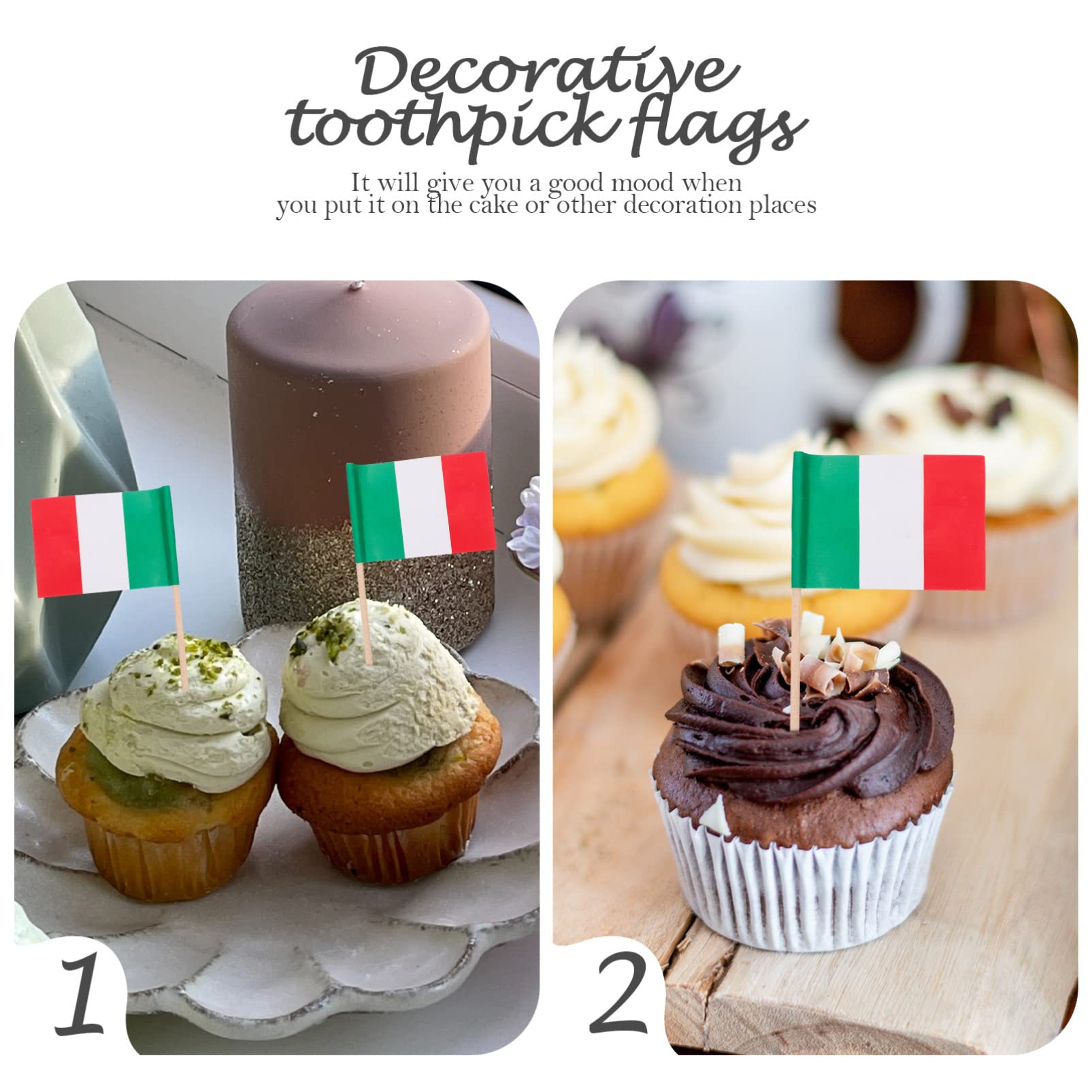 Lot De 100 Cure-dents Drapeau Italie - Drapeau 2.5x3.5 Cm, Bâton Bois 6.5 Cm, Pour Apéritif, Décoration Nourriture, Fêtes Thématiques