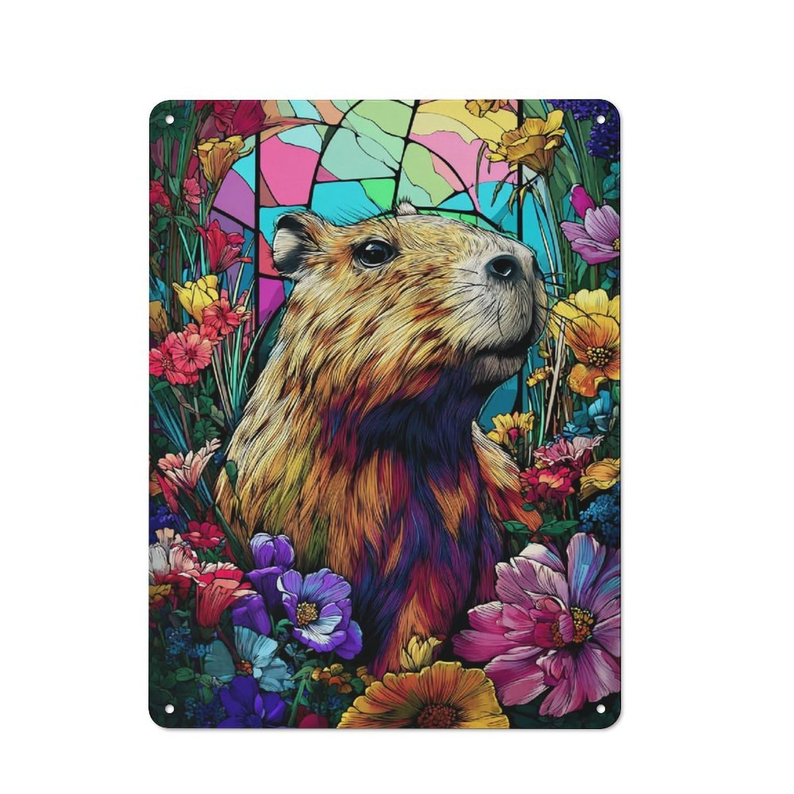 Junmoney Colorful Capybara Amidst Flowers Industrial Decorative Metal Plaque 40X30cm Featuring Urban Room Decor For Flat, Bar, Studio Or Gallery Wall