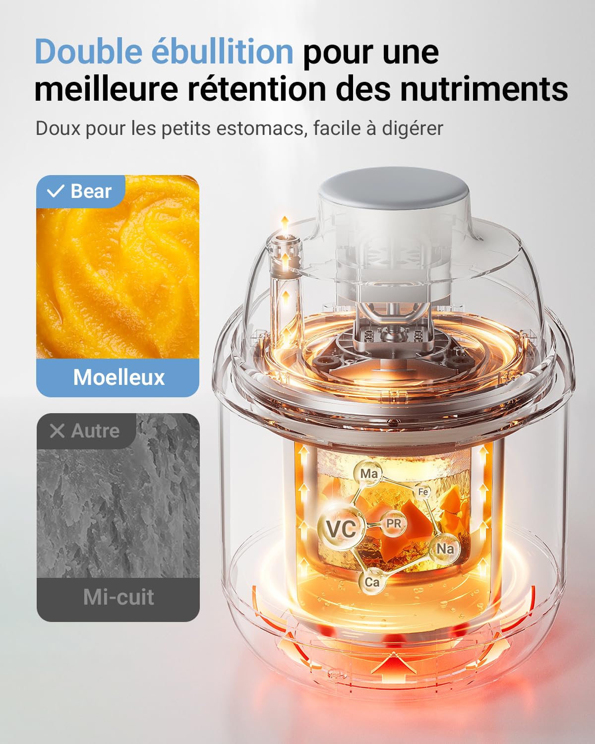 Bear Robot Cuiseur Bébé Multifonctions 10 en 1 NutriEase AllStage en Acier Inoxydable, Cuiseur Vapeur Mixeur OneStep, Cuisson et Mixage Automatiques pour une Alimentation Bébé Maison Saine, Sans BPA