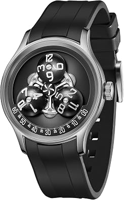 OBLVLO Luxury Mechanical Watch with Triple Rotating Discs, Black Silicone Band, Silver Case
