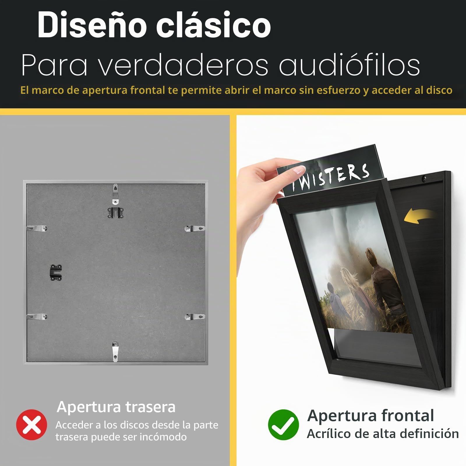 3 Piezas Caja Vinilos, Apertura Frontal de Pared, Soporte Vinilos, Madera Estilo Vintage Marco para Discos de Vinilo, para Exhibir Cubiertas de Discos de Vinilo LP de 12x12 Pulgadas (Negro)