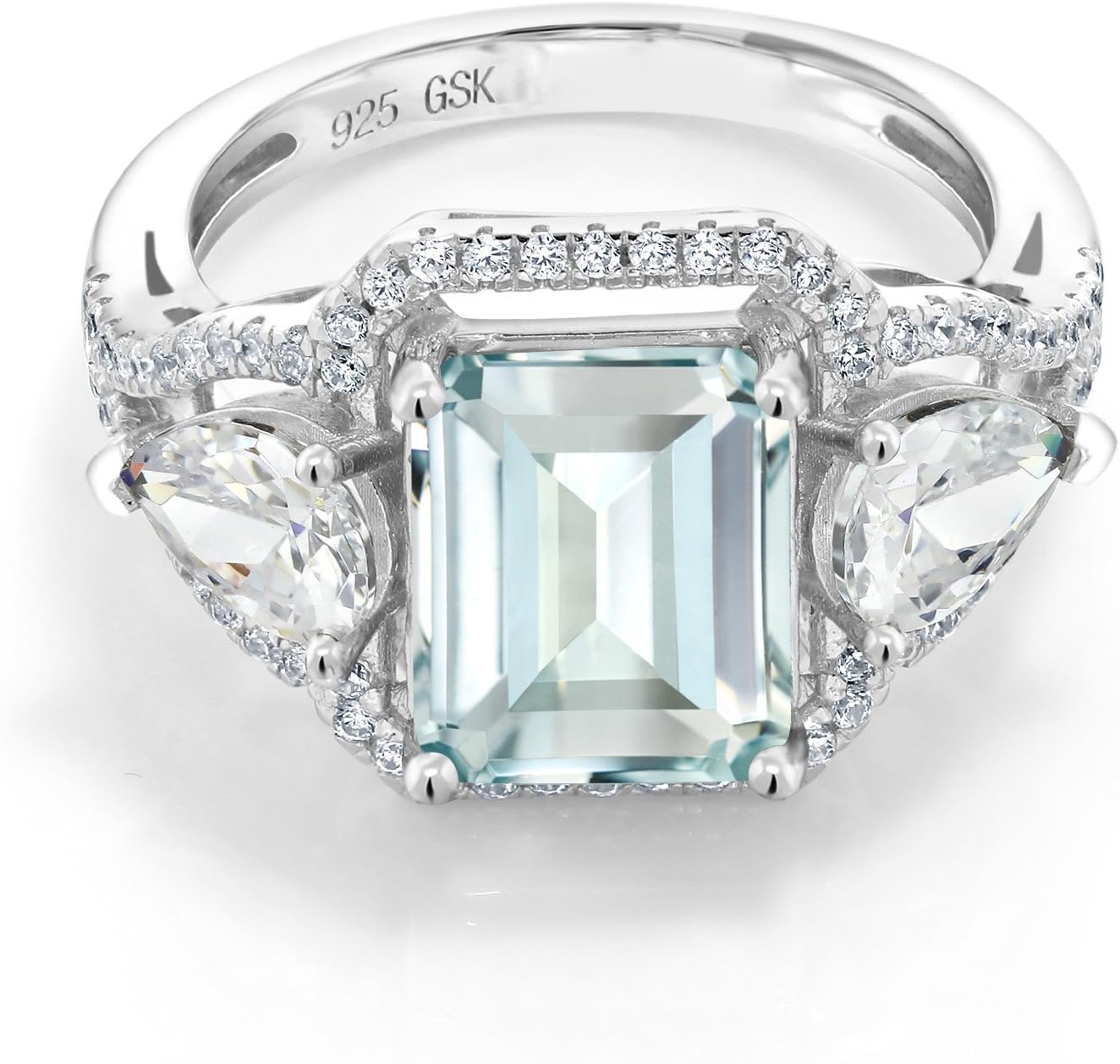 Gem Stone King 3.89 Cttw Sky Blue Simulated Aquamarine Ring For Women | 925 Sterling Silver | Emerald Cut 10X8MM | Pear Shape 7X5MM | Wedding Engagement Anniversary Promise Ring For Women - Image 3