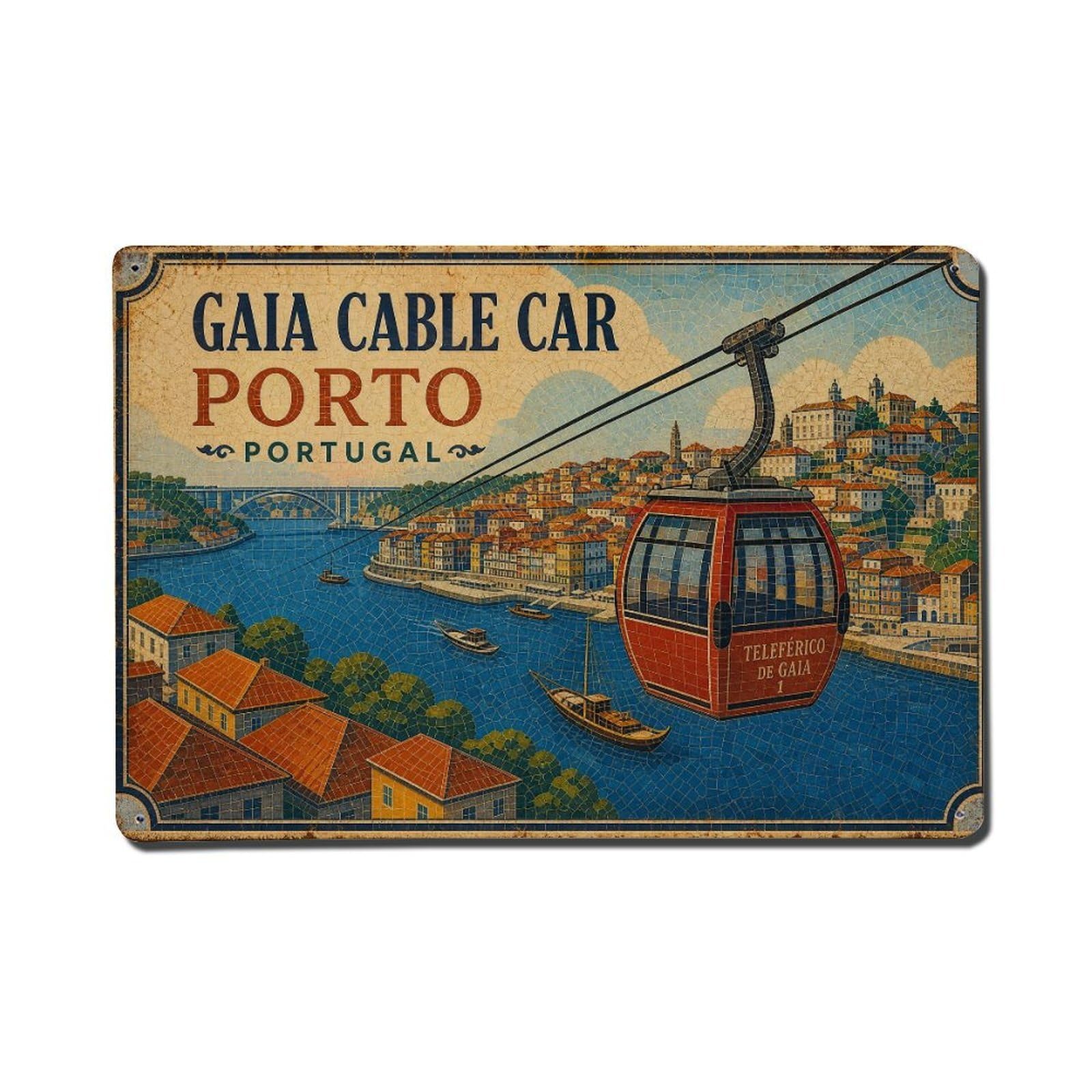 Vintage Travel Gaia Cable Car Aerial View River Portugal Metal Tin Sign