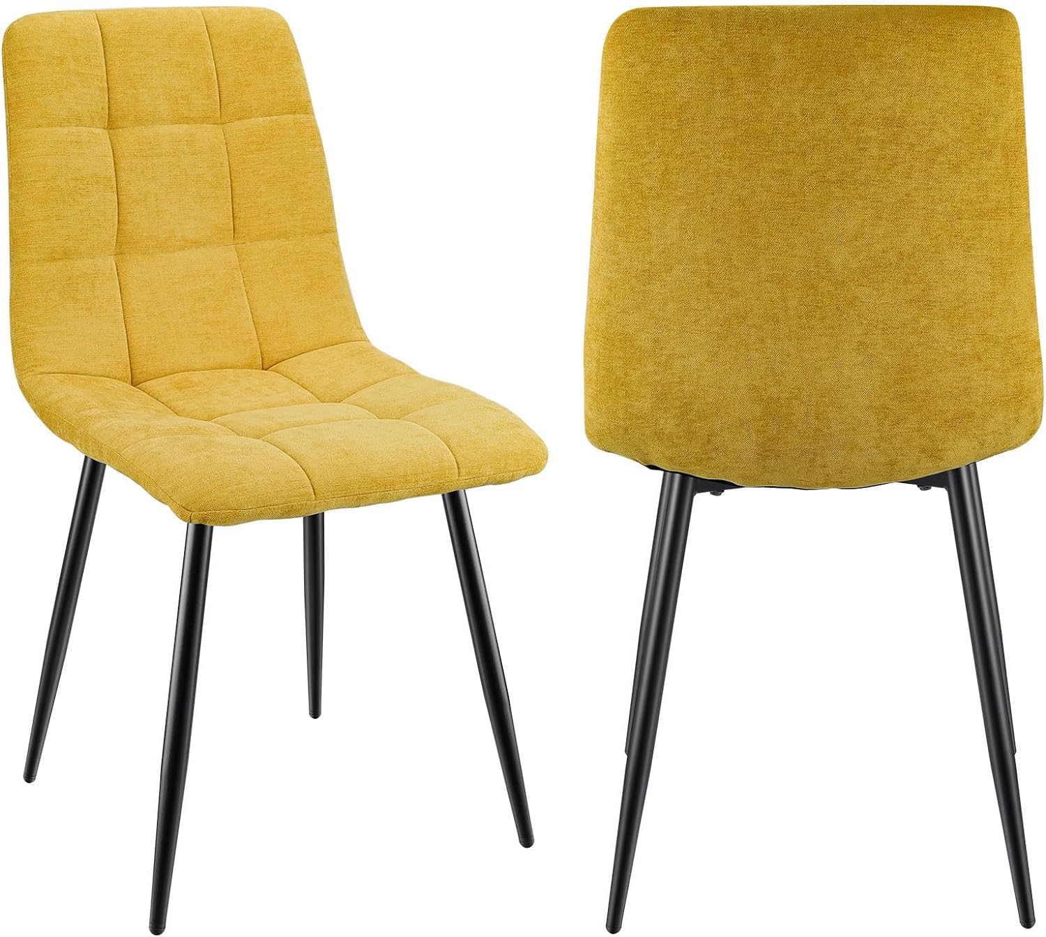 JIJIAN Pack de 2 Sillas de Comedor, Sillas Tapizadas con Tela de Lino y Patas de Metal Negro, Diseño a Cuadros, Sillas de Comedor para Comedor Sala de Estar Dormitorio Cocina Salón Recepción, Amarillo