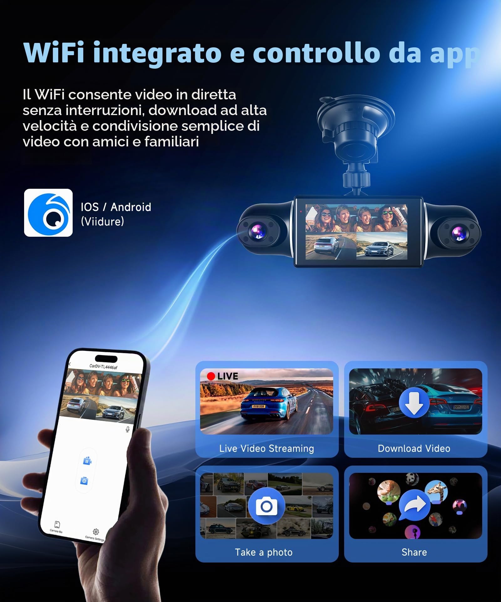 VECHTEL 2K Dashcam per auto anteriore e posteriore con WiFi, 4* Dash Cam 1080P Telecamera per auto con schermo IPS da 3 pollici,visione notturna,sensore G,protezione a 360 gradi,supporta 128 GB