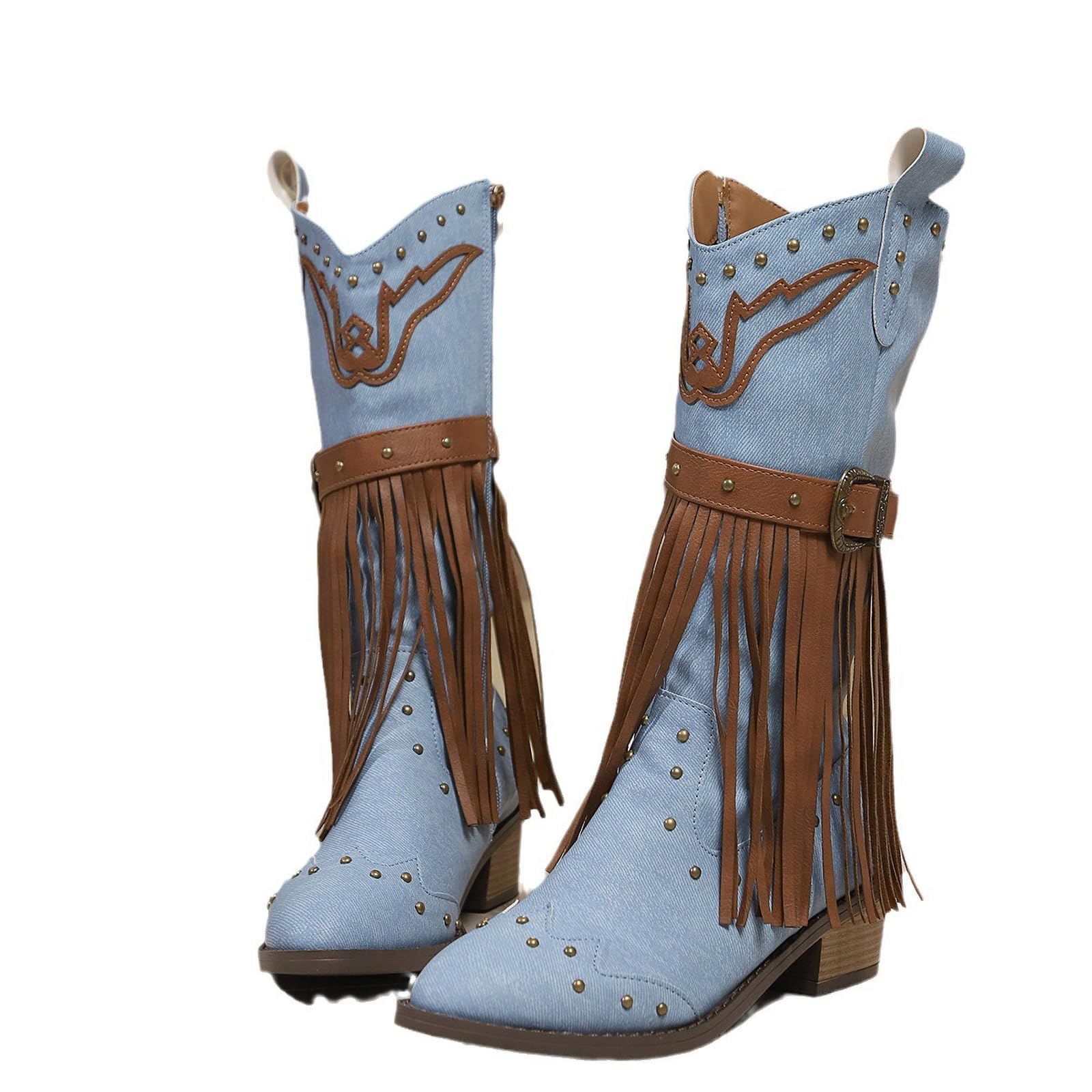Womens Fringe Rivet Western Cowboy Mid Calf Boots with Side Zipper Fashion Buckle Strap Pointed Toe Chunky Heel