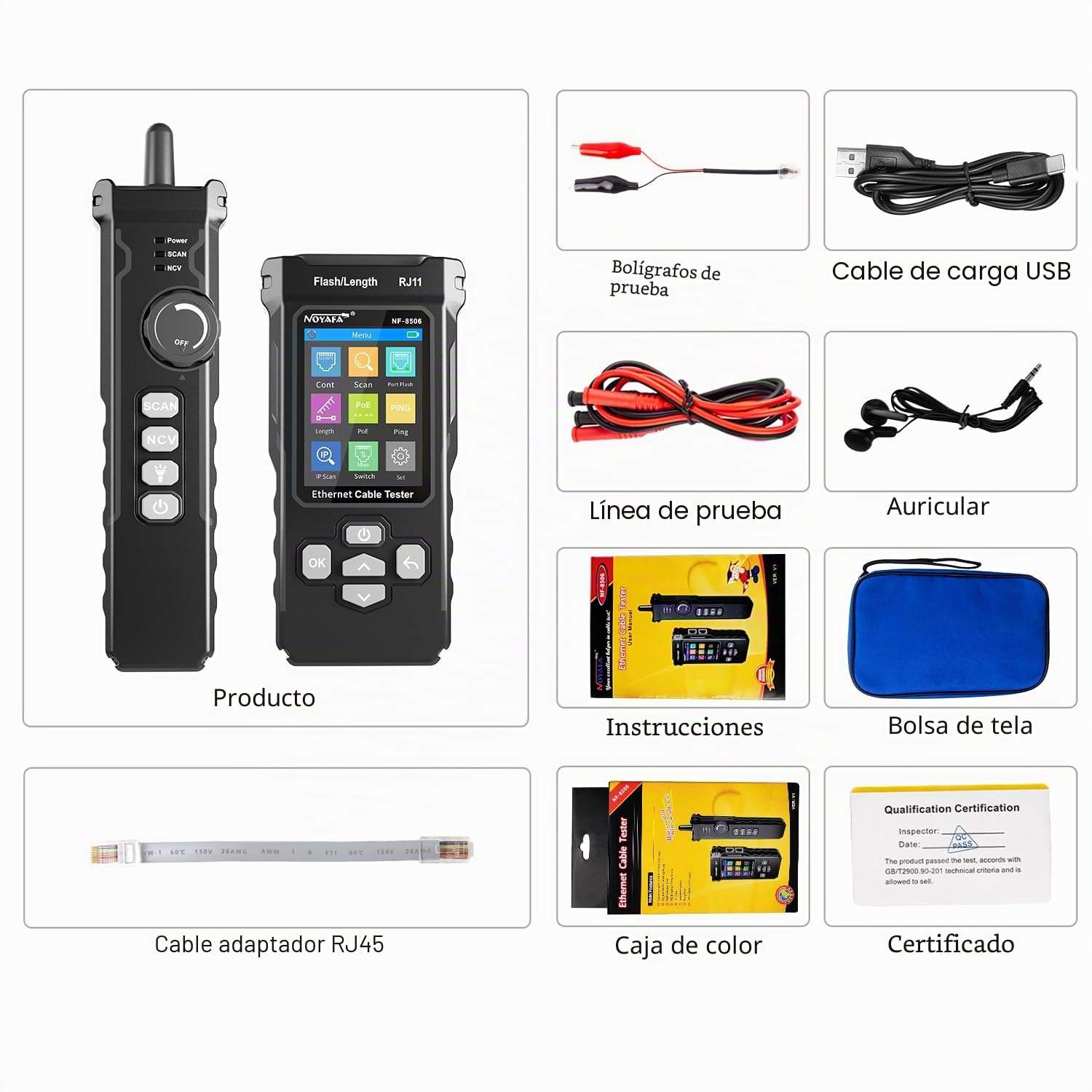 NOYAFA Probador de Red con Escaneo IP, Probador de Cable de Red con TDR | Prueba de PING y Velocidad de Puerto, Comprobador RJ11/RJ45, Analizador de Cable Ethernet para Cat5/Cat6, Prueba PoE, NF-8506