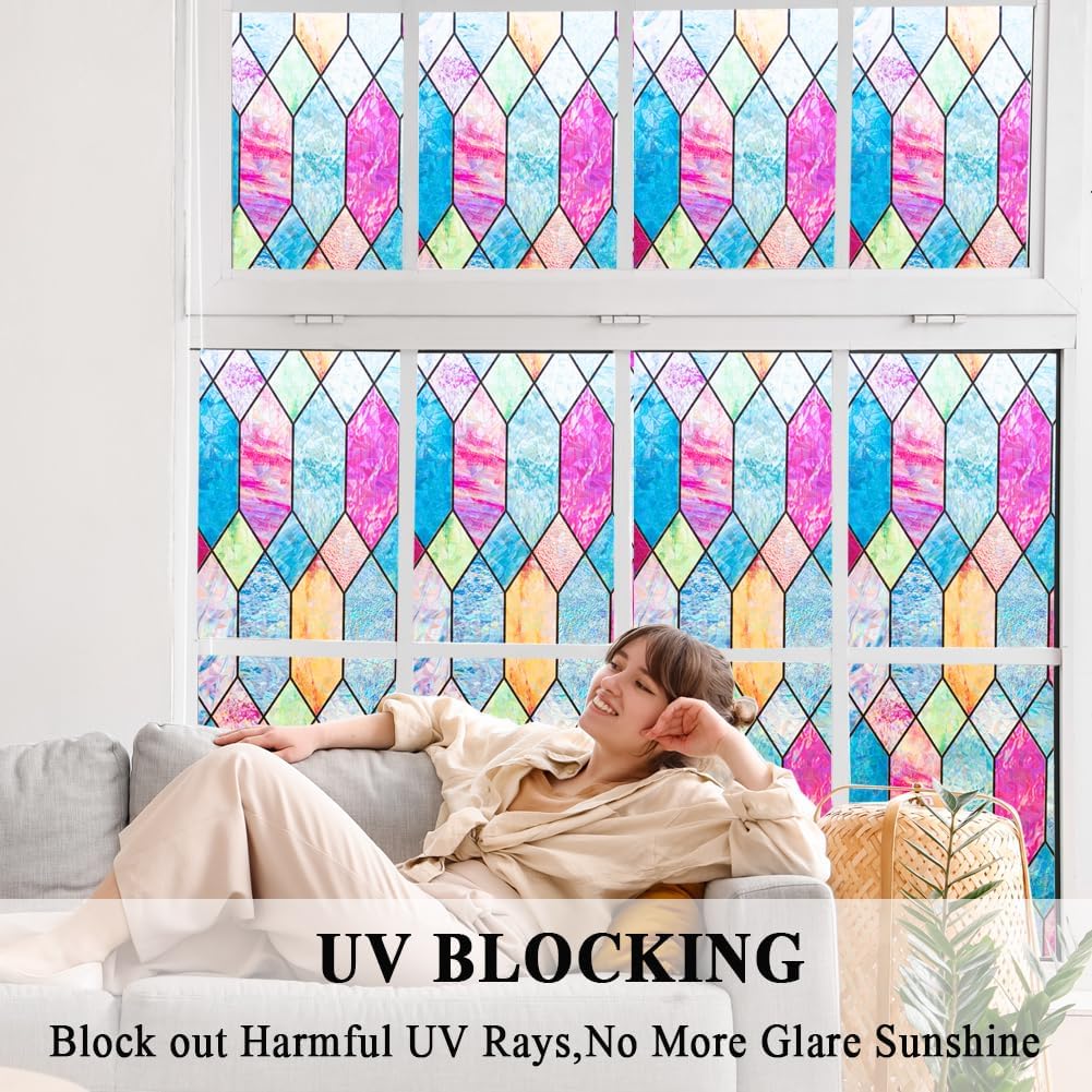 Static Cling Window Privacy Film Stained Glass Door Film Colorful Moroccan Lattice No Glue Decorative Bathroom Door Coverings Tints UV Sun Blocking Heat Control,23.6x118 in.