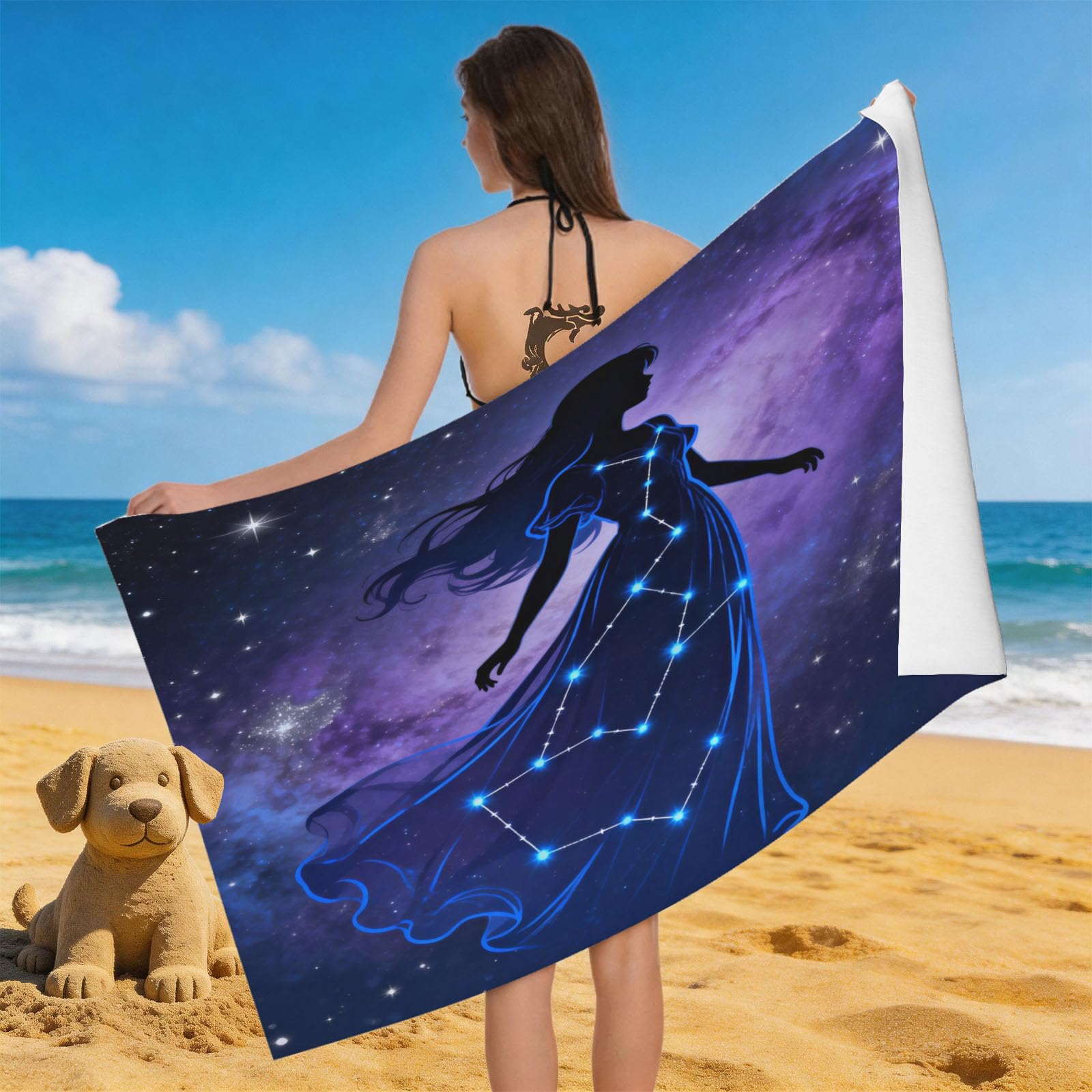Leichong 3D Virgo Beach Towel Microfiber Soft Quick Dry for Adults, Dreamy Bath Towel Lightweight Soft Absorbent for Travel Swimming Pool Sports, 75 x 150 cm