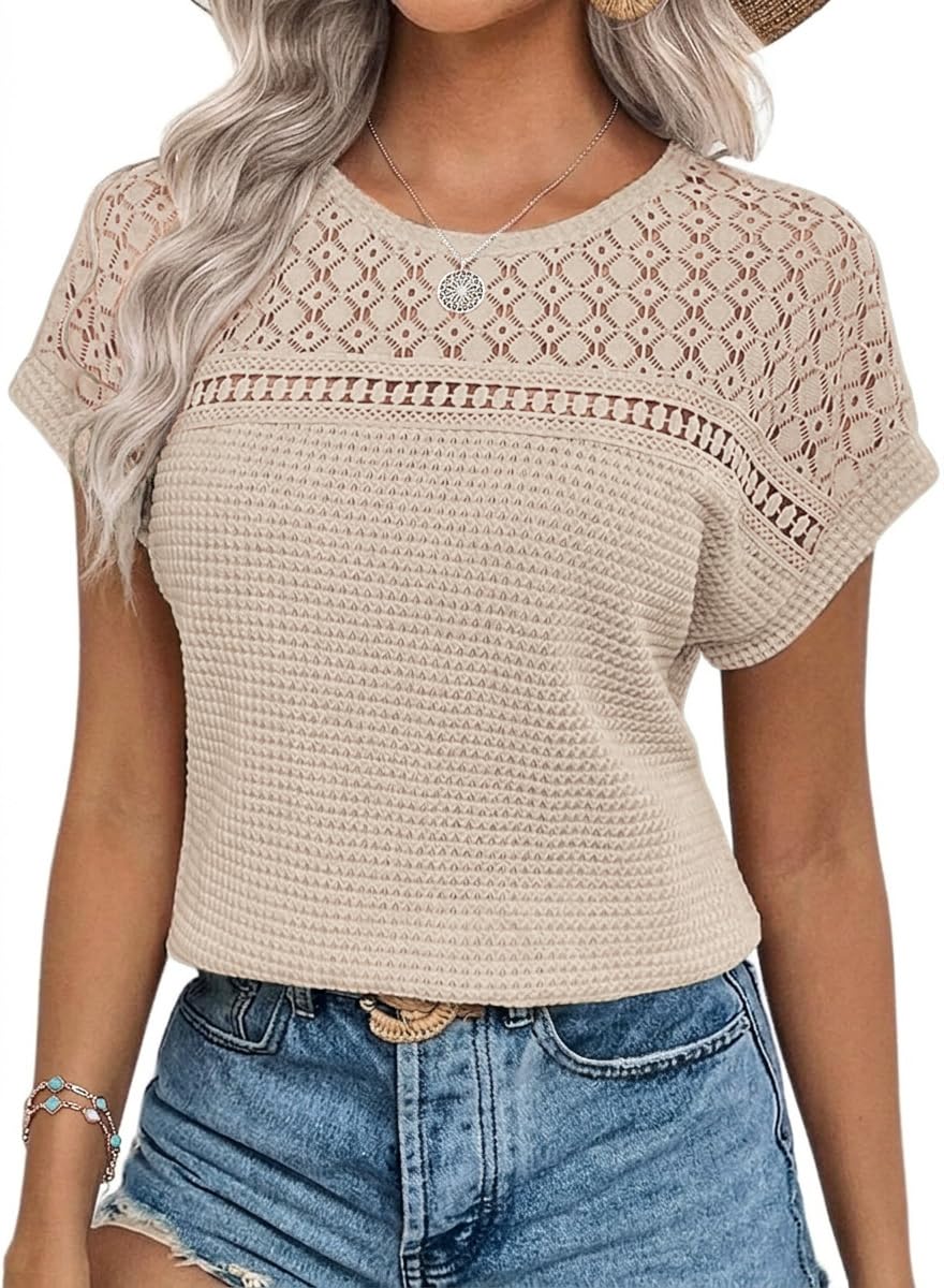 Chicrise Bluse Damen Elegant Kurzarm Spitzen Oberteile Häkel Rundhals Tshirt Sommer