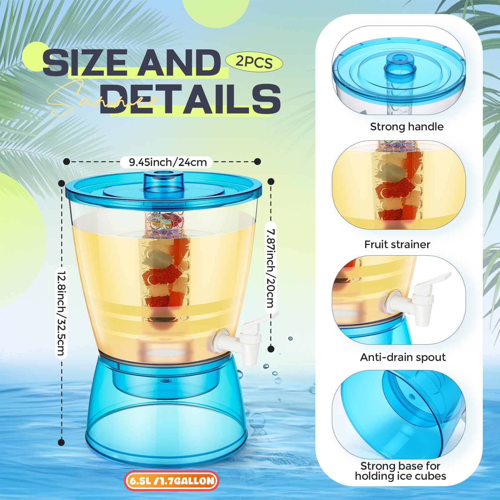 FillTouch Getränkespender mit Zapfhahn, 6,5 l, auslaufsicher, Wasserspender, Zitrone, Eissaft, Behälter für Hochzeitsfeier, 2 Stück