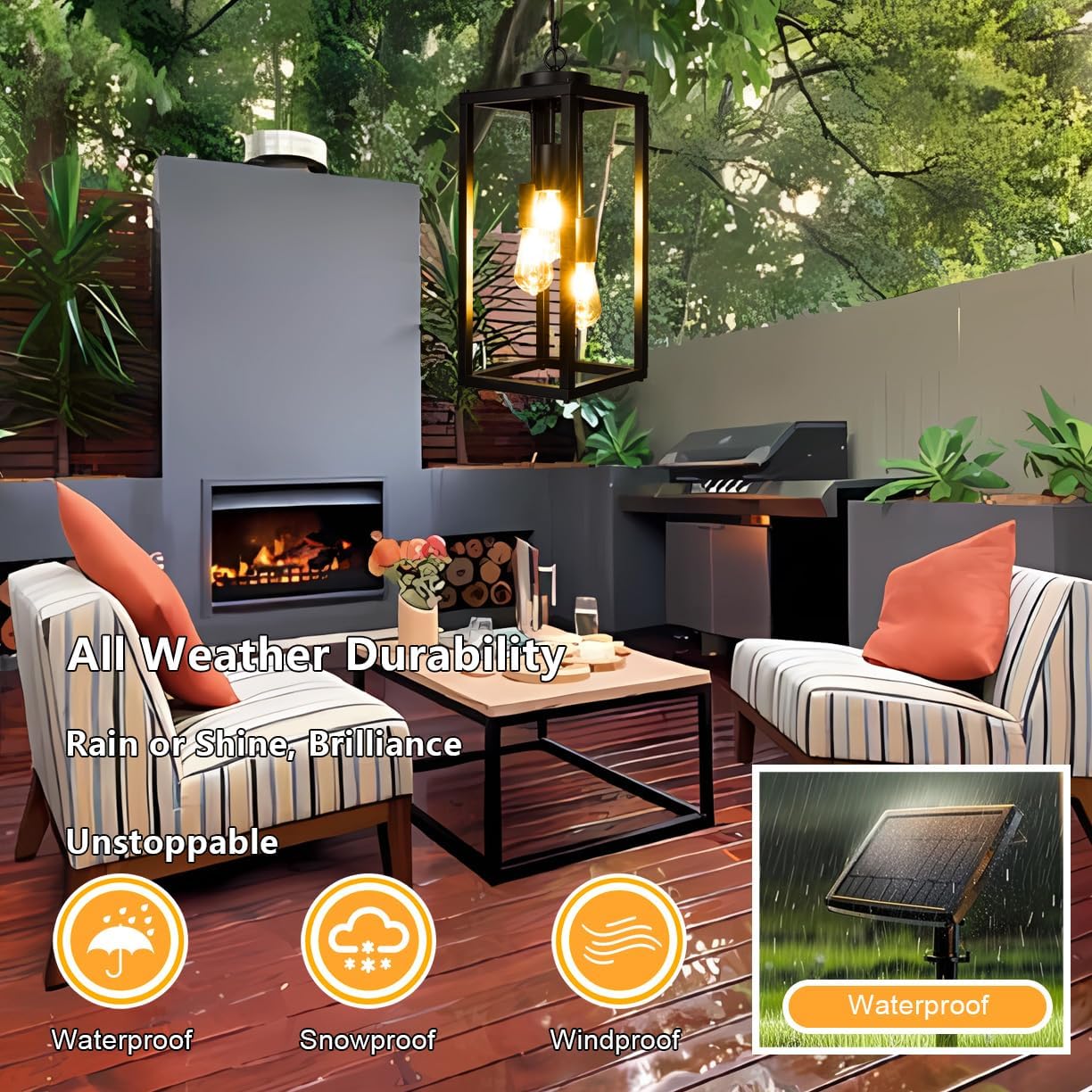 Solar Chandelier Outdoor, 3-Light 14" Rustic Farmhouse Waterproof Dimmable Hanging Pendant Lights for Gazebo, Pergola, Canopy, Porch, Patio Decor