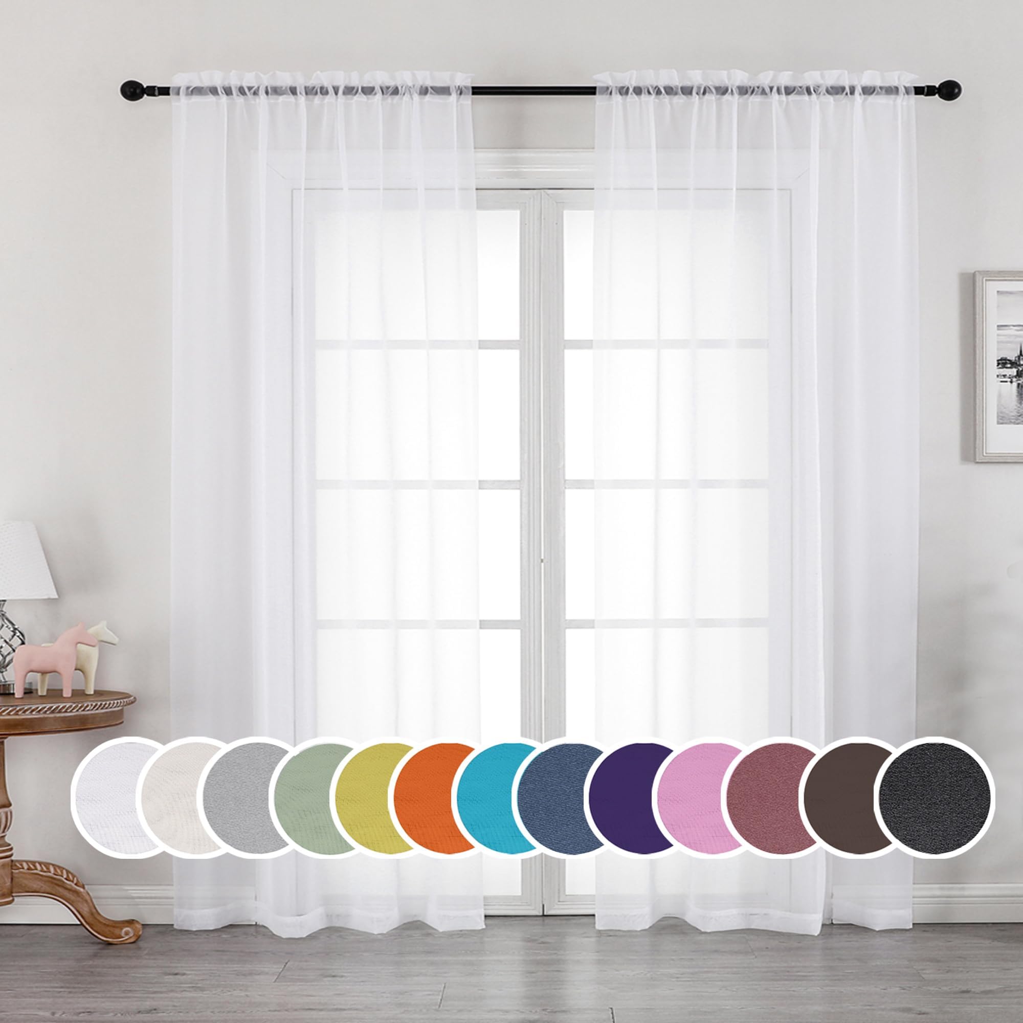 OWENIE Sheer Curtains 84 inches Long 2 Panels Set for Living Room/Bedroom, Rod Pocket Voile Sheer Panel Drapes, White, 2pcs, Each 42" W x 84" L