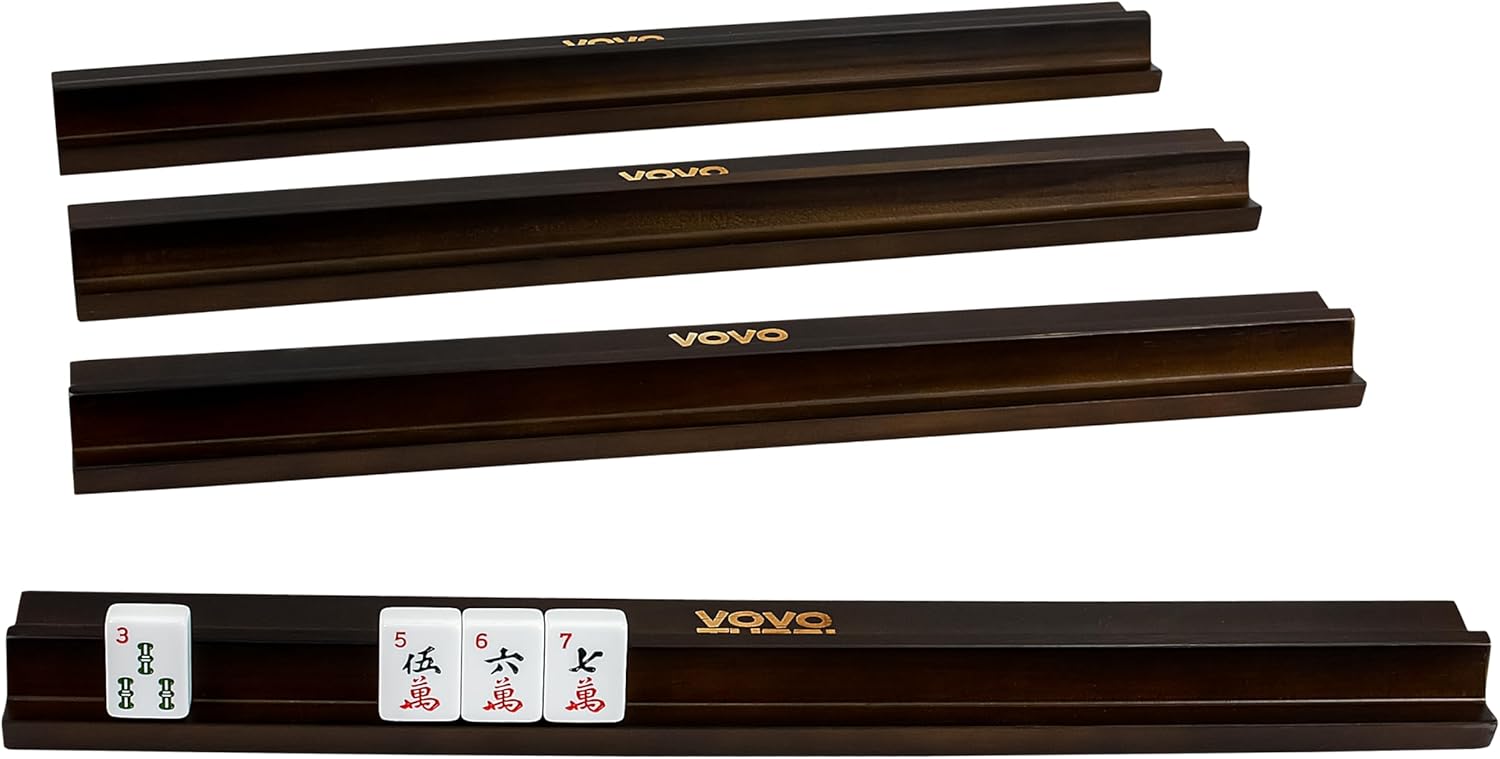 4 PCS Wooden Mahjong Racks, Natural Wood Mahjong Tile Rack Set, Sturdy Mahjong Game Holders for Mahjong Tiles, Classic Mahjong Accessories for Family Game Night, Brown